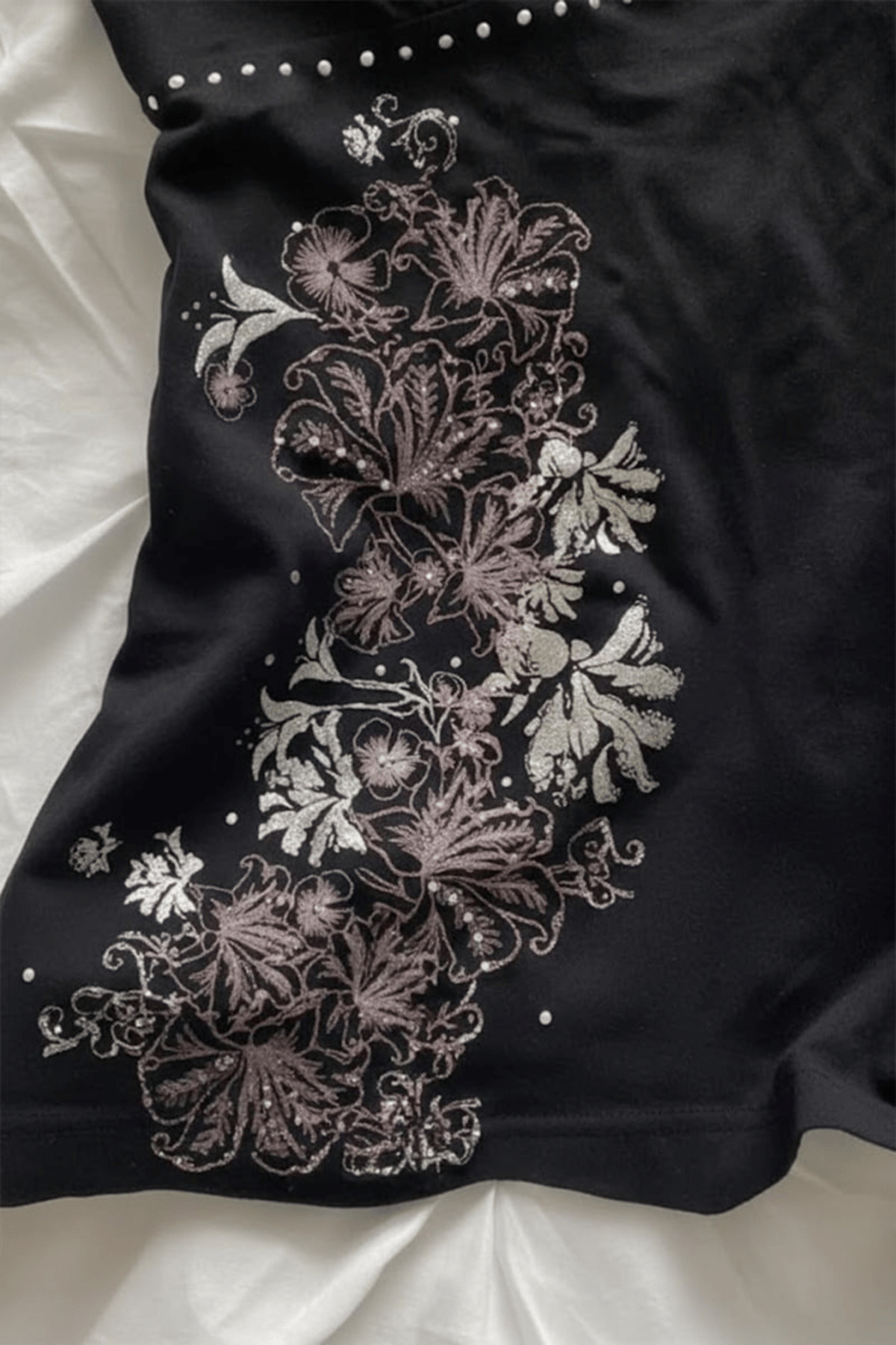 Gofeel  Siyah Taşlı Floral Desenli Vintage Y2K Askılı Crop - Görsel 2