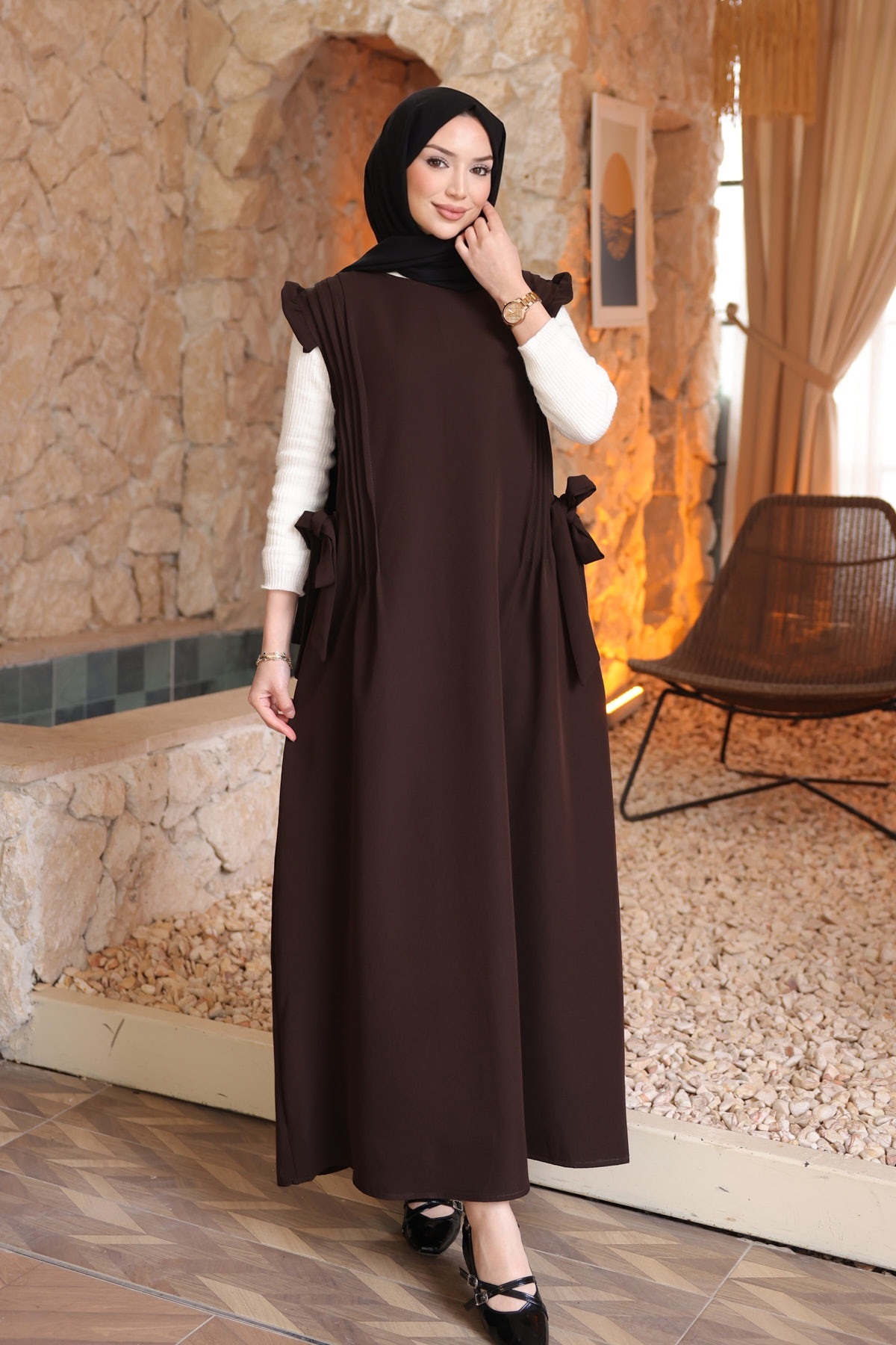 İmajButik  Kahverengi Bel Kuşaklı Kolları Fırfırlı Elbise