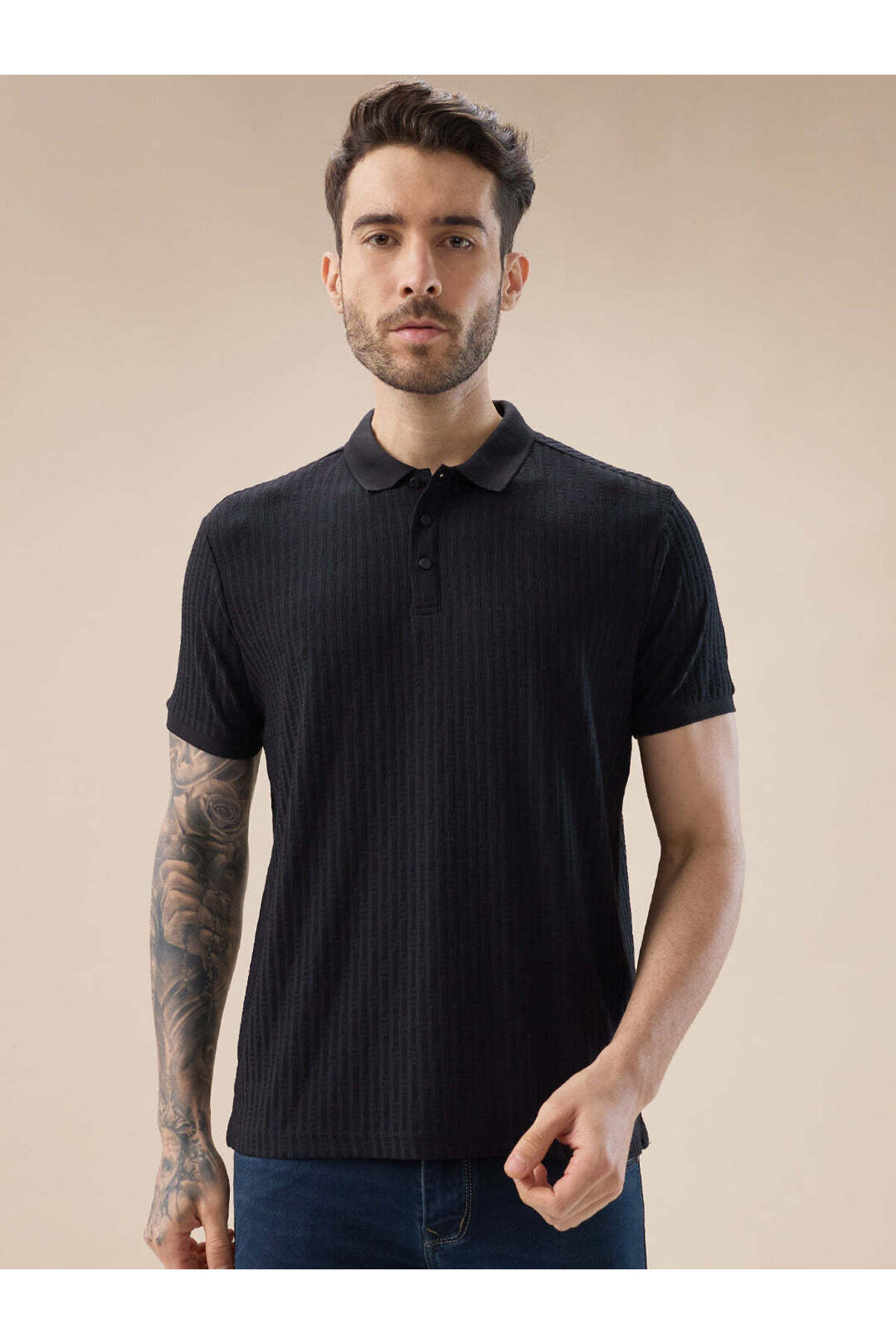 STATUS QUO Black Textured Vertical Stripe Regular Fit Polo T-shirt