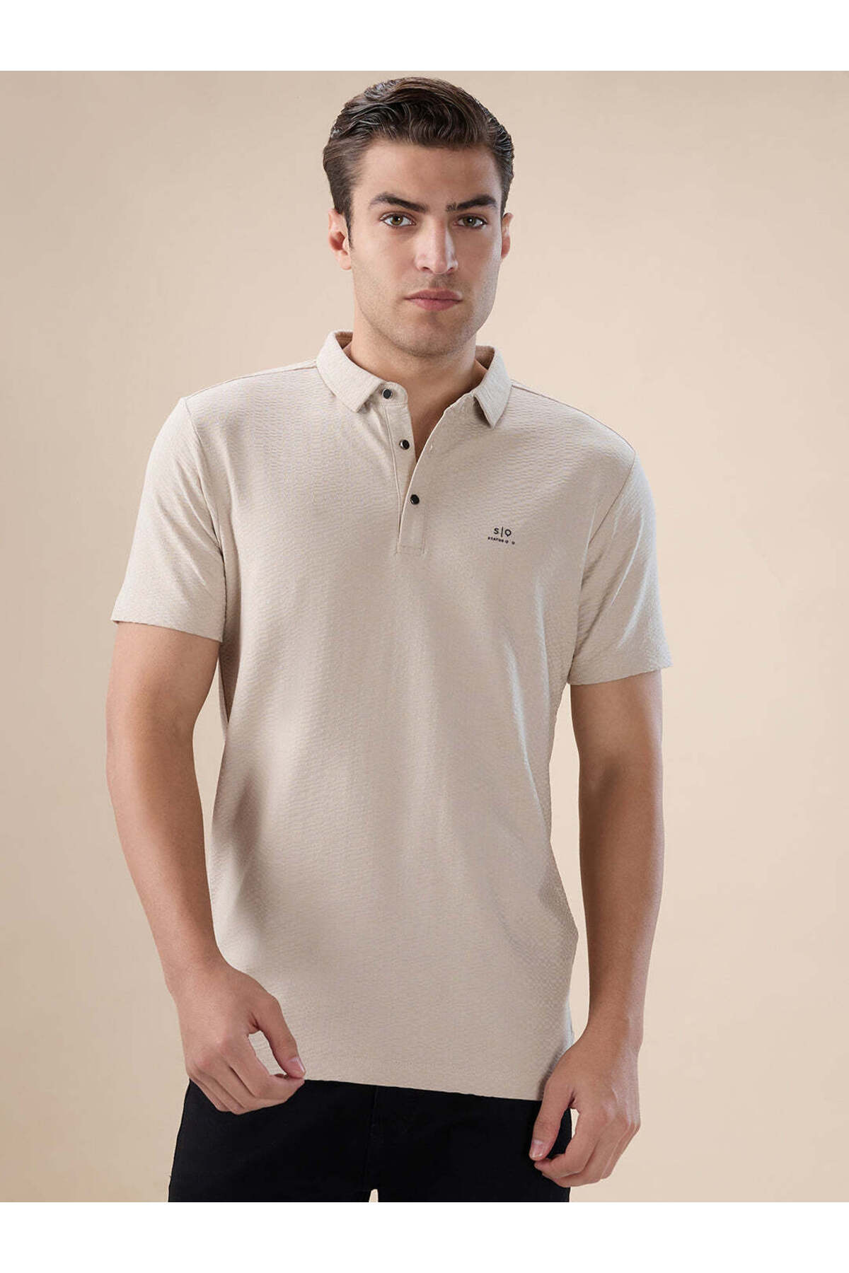 STATUS QUO Solid Polo Collar Regular Fit Beige T-shirt
