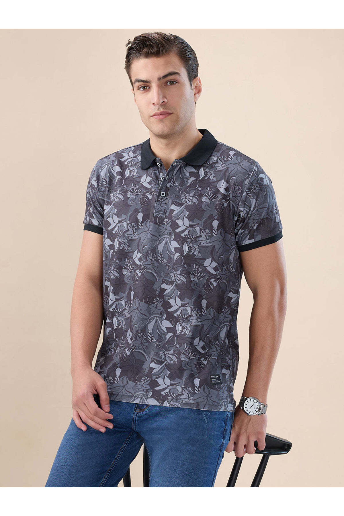 STATUS QUO All-Over Floral Print Regular Fit Black Polo T-shirt