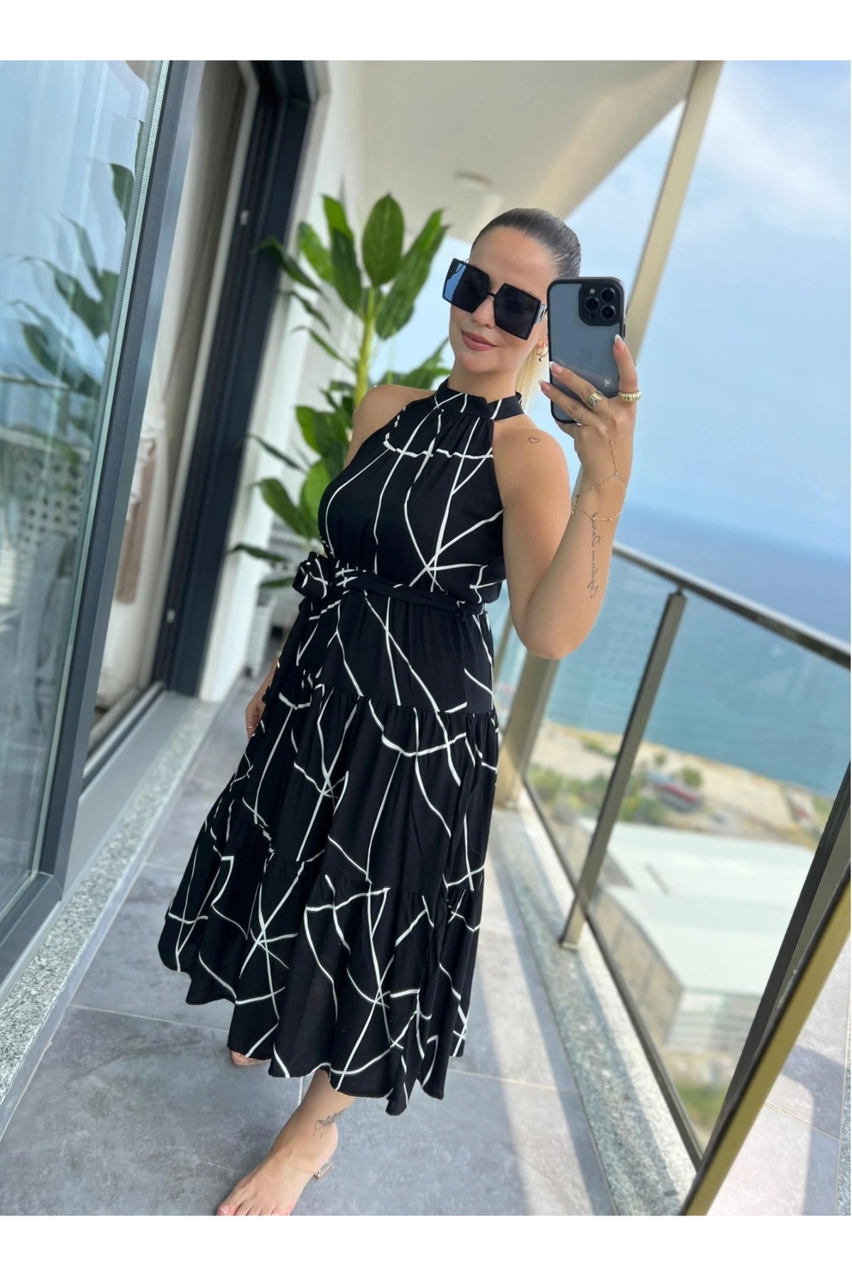 DISHI FASHİON  Halter Yaka asimetrik Desenli Elbise - Görsel 3