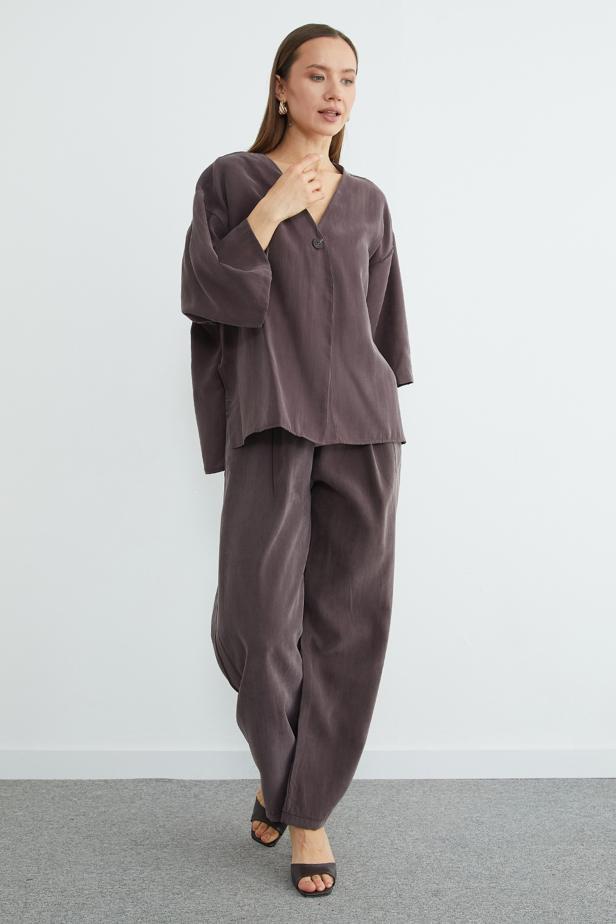 Fullamoda  Tek Düğmeli Tencel Kumaş Oversize Ceket - Görsel 4