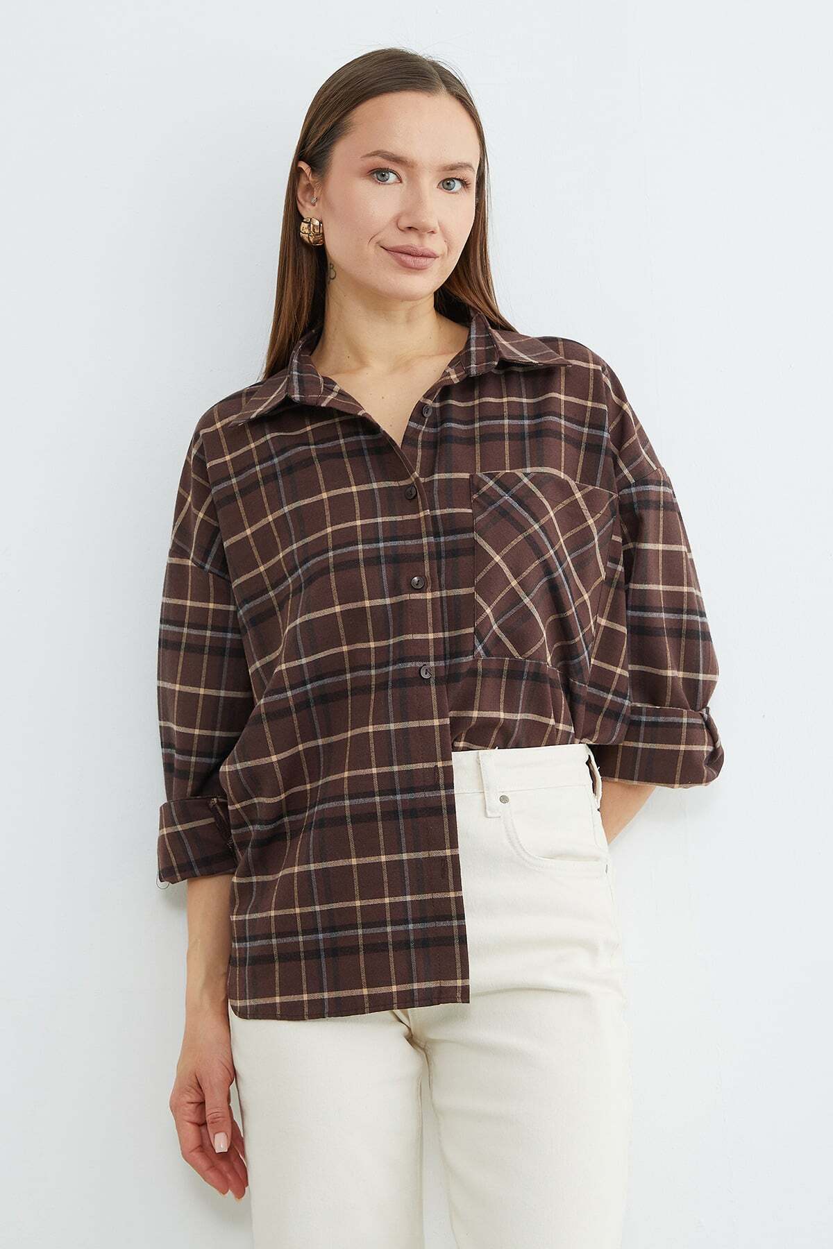Fulla Moda Tek Cepli Ekose Desenli Oversize Gömlek