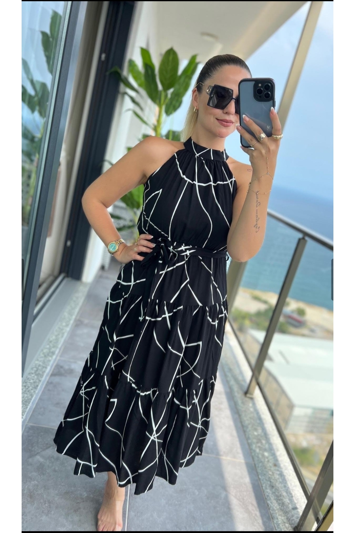 DISHI FASHİON  Halter Yaka asimetrik Desenli Elbise - Görsel 5