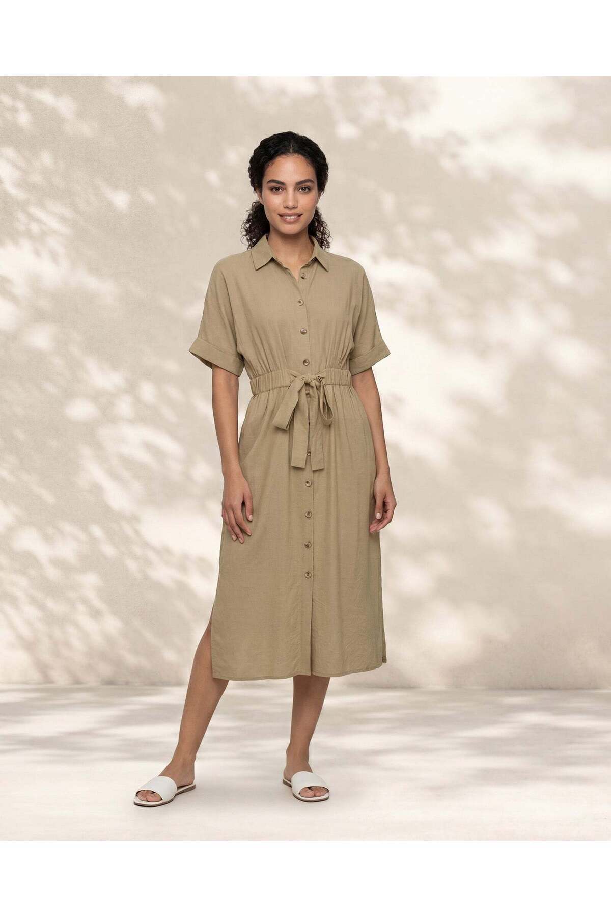 REDTAG Women Green Belted Midi Dress