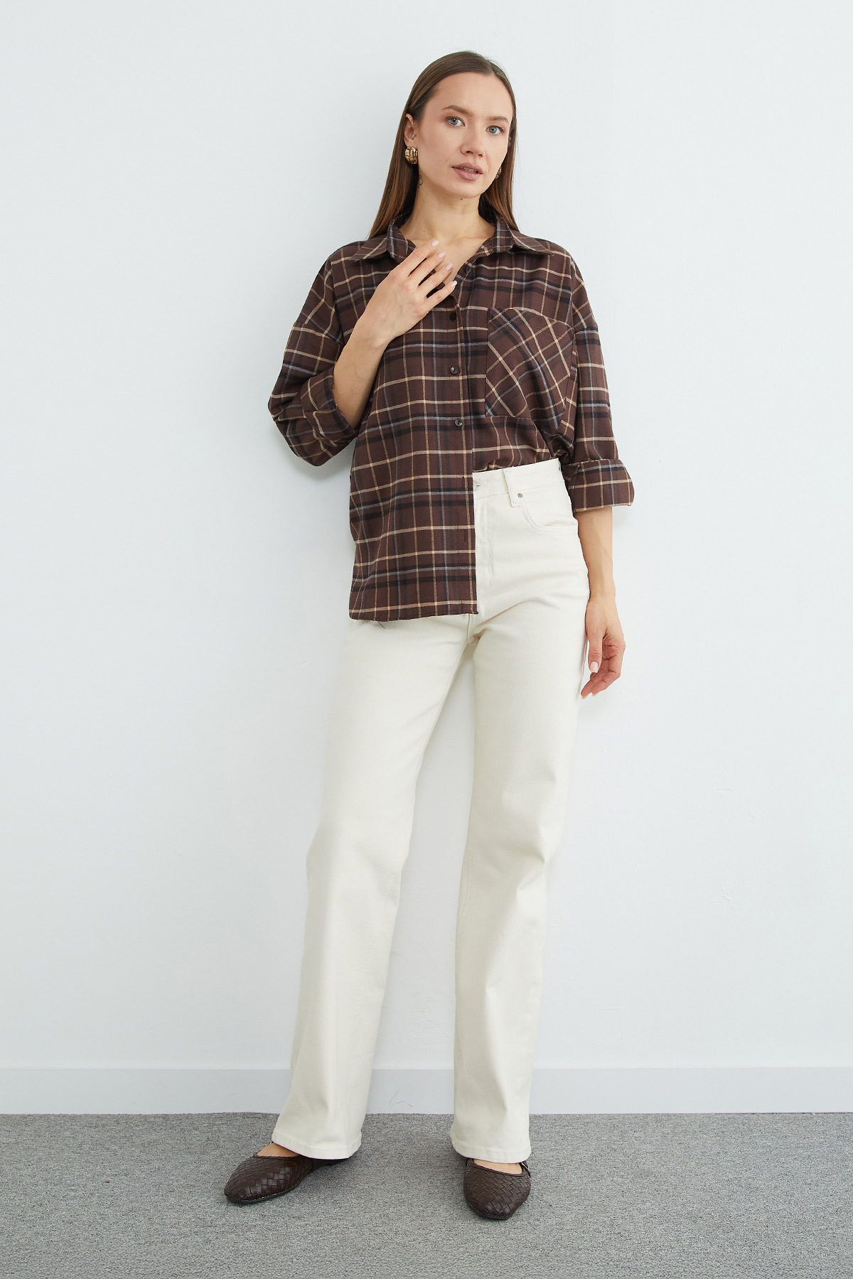 Fulla Moda Tek Cepli Ekose Desenli Oversize Gömlek görsel 3
