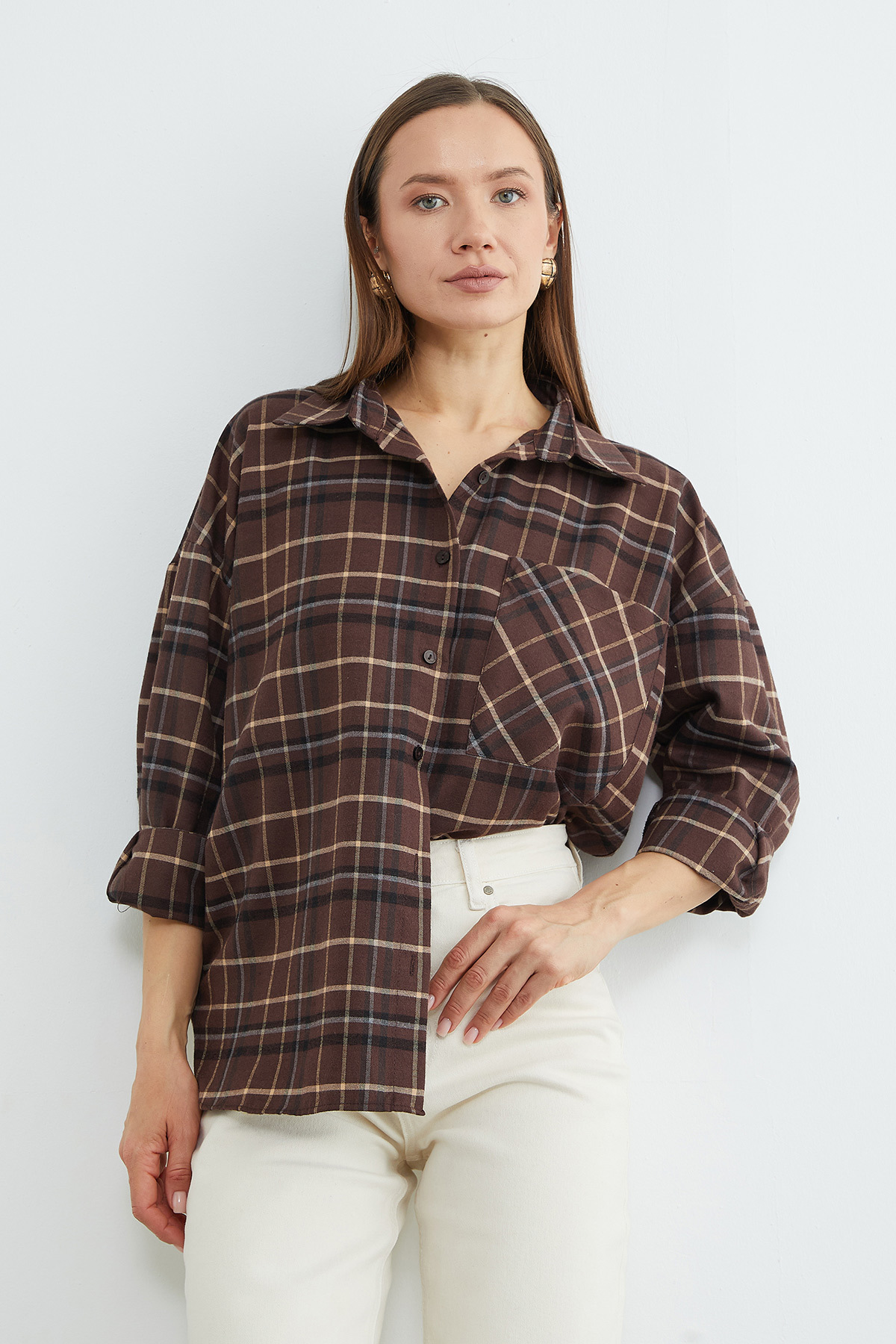 Fulla Moda Tek Cepli Ekose Desenli Oversize Gömlek görsel 2