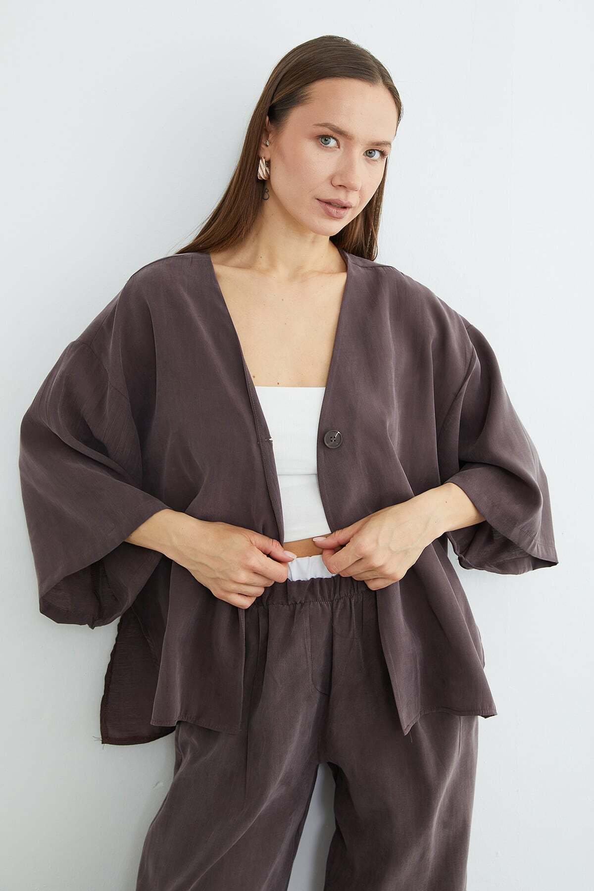 Fullamoda  Tek Düğmeli Tencel Kumaş Oversize Ceket