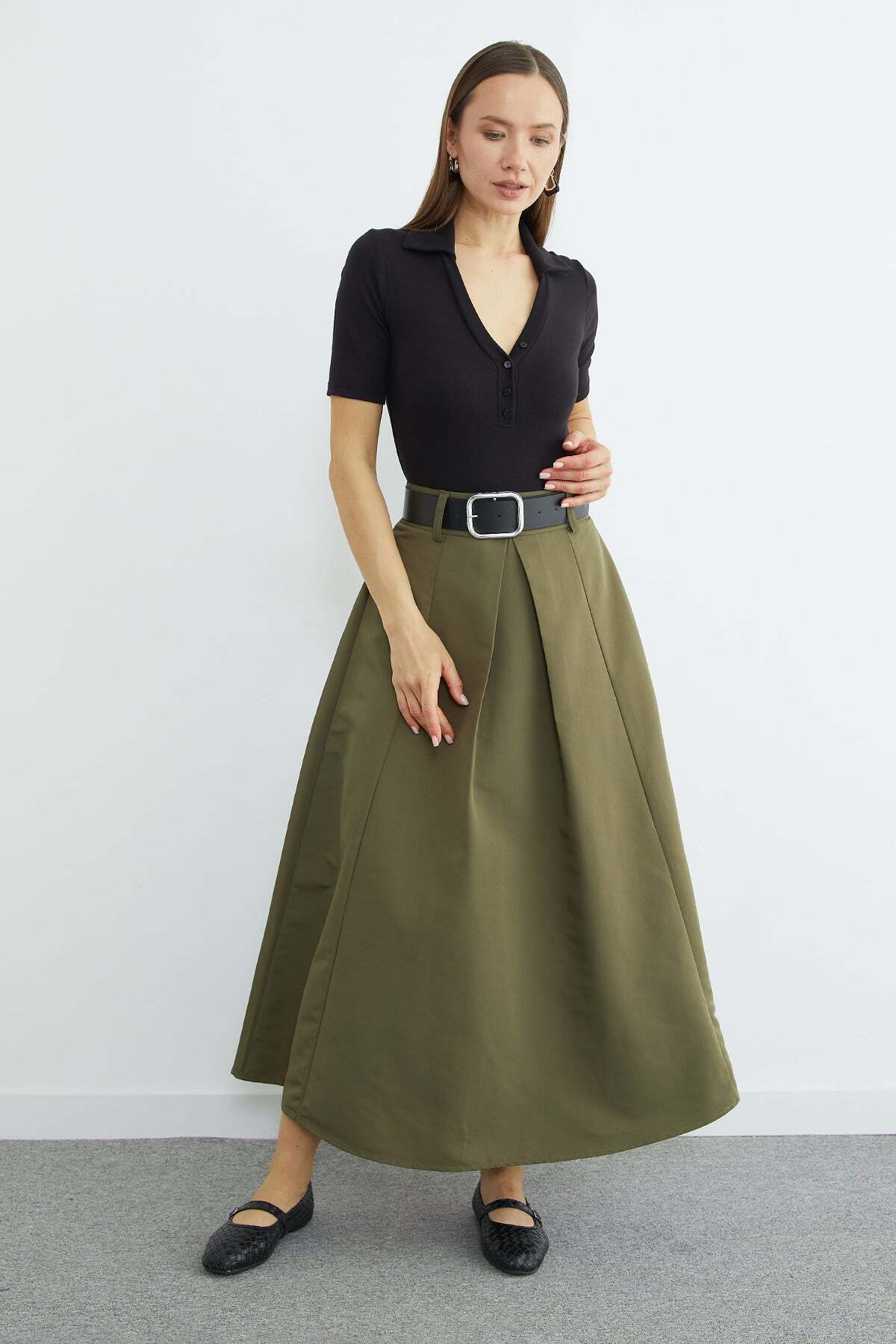 Fullamoda  Kemerli Pileli Maxi Boy Etek - Görsel 4