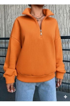 ELORA BOUTİQE Kadın Dik Yaka Yarım Fermuarlı Rahat Kalıp Sweatshirt