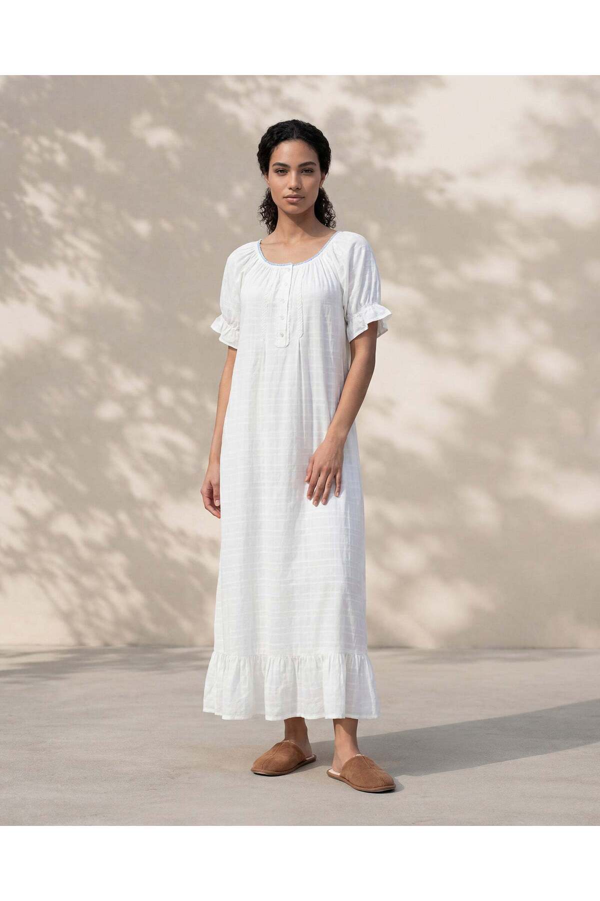 REDTAG Women White Puff Sleeve Long Nightgown