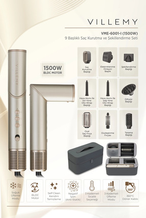 VILLEMY 9’u 1 Arada Çok Başlıklı Saç Kurutma ve Şekillendirme Seti – 1500 W B...
