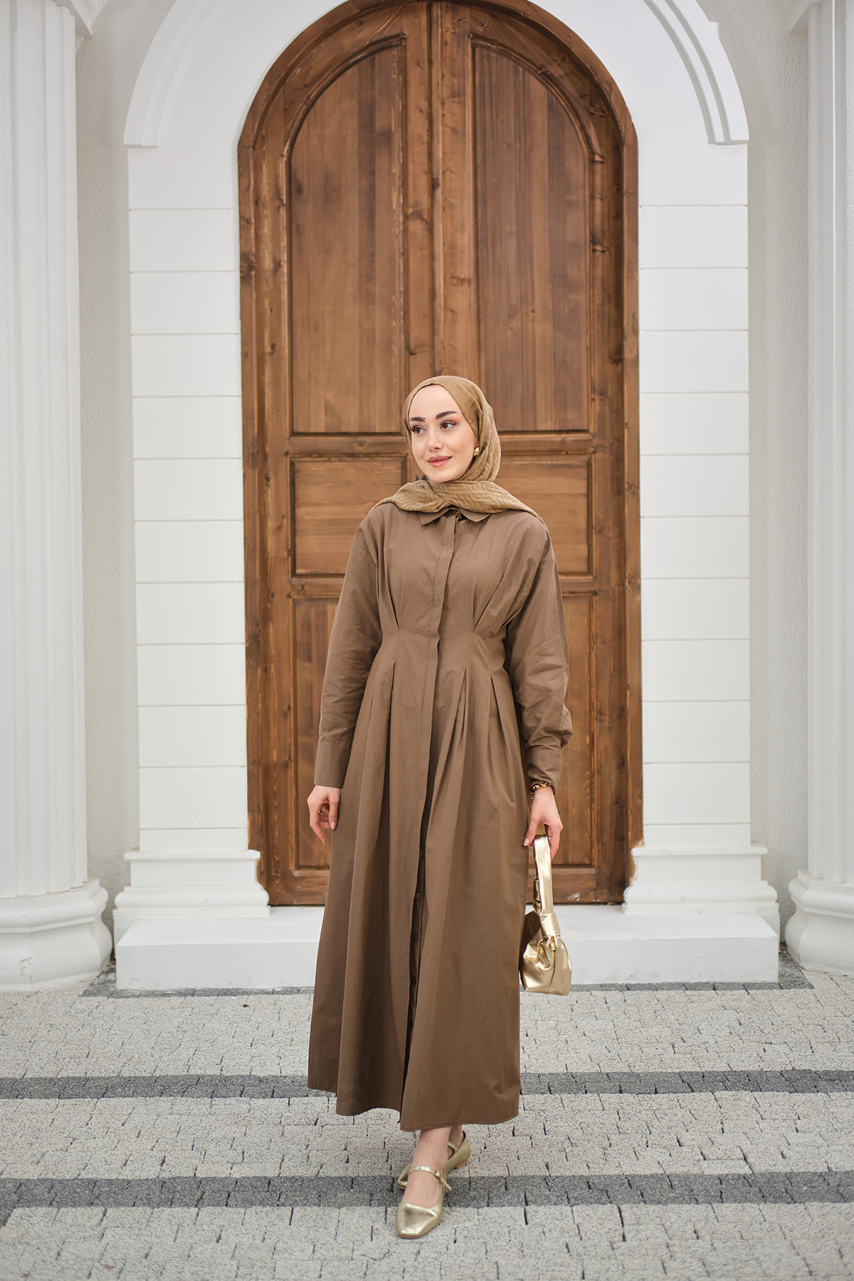 LOCCO Women's Pleated Waist Shirt Collar Hidden Button Dress Brown