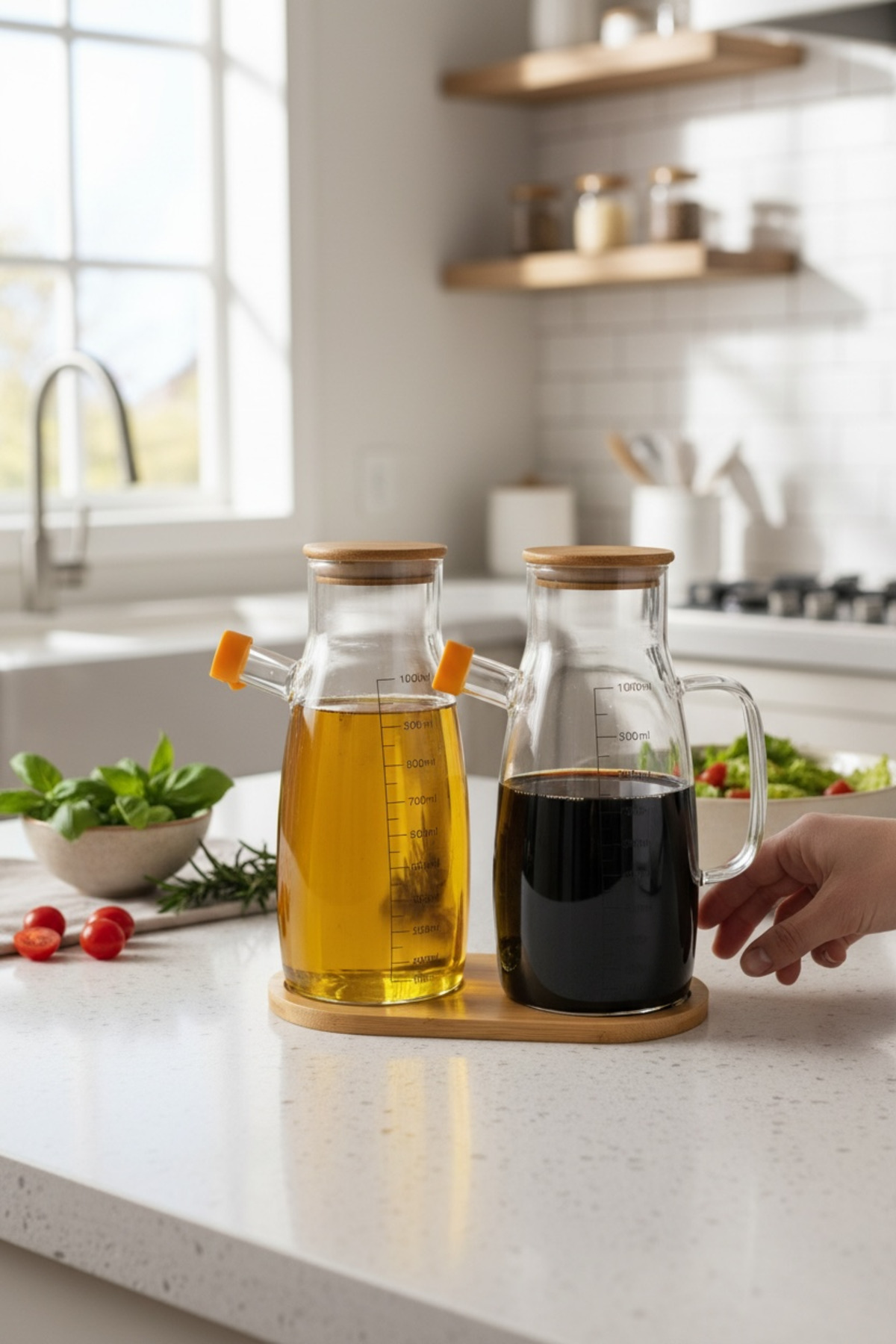 2’li 1000ml Borosilikat Cam Yağdanlık Set Sızdırmaz Kapak Zeytinyağı ve Sirke Şişesi