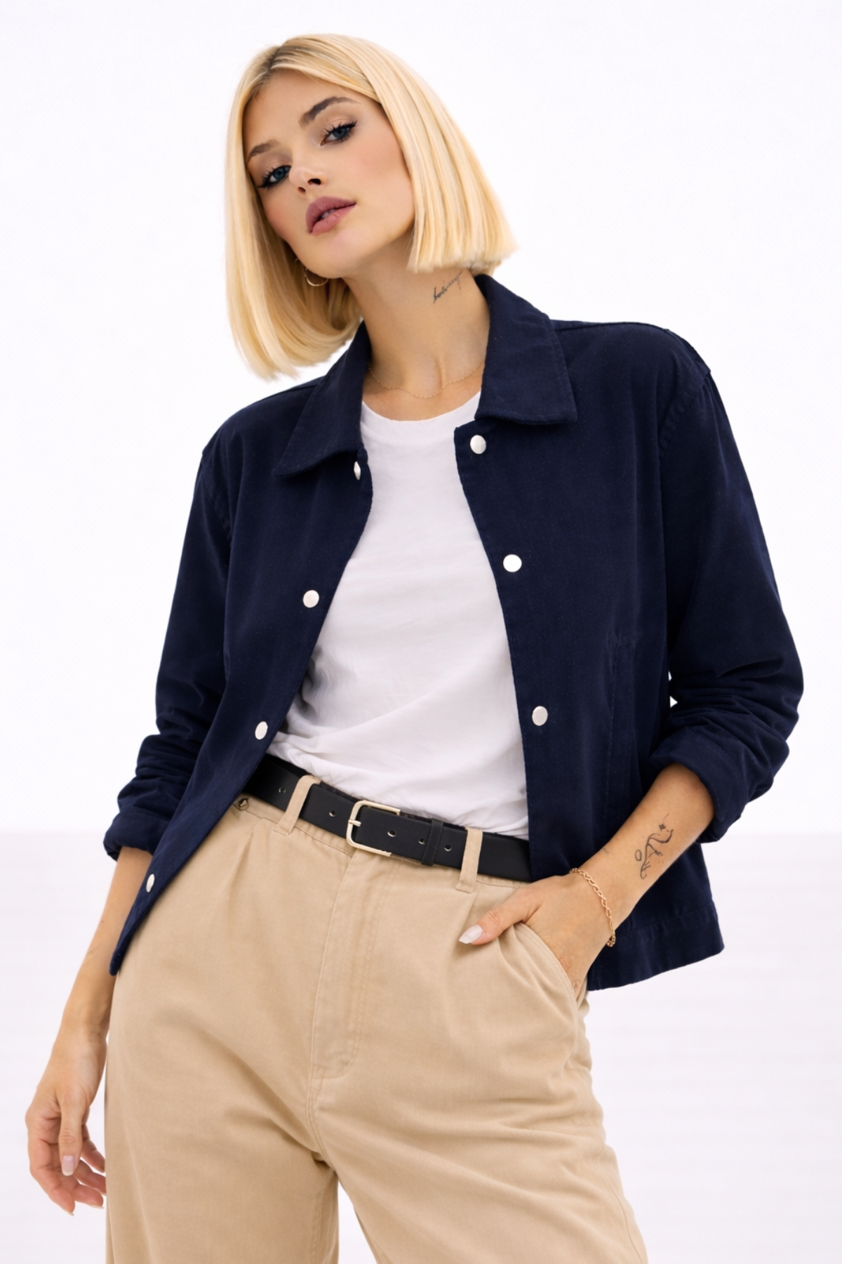 Montland  Kadın Lacivert Oversize Basic Gabardin Mevsimlik Çıt Detaylı İç Cepli Ceket - Görsel 4