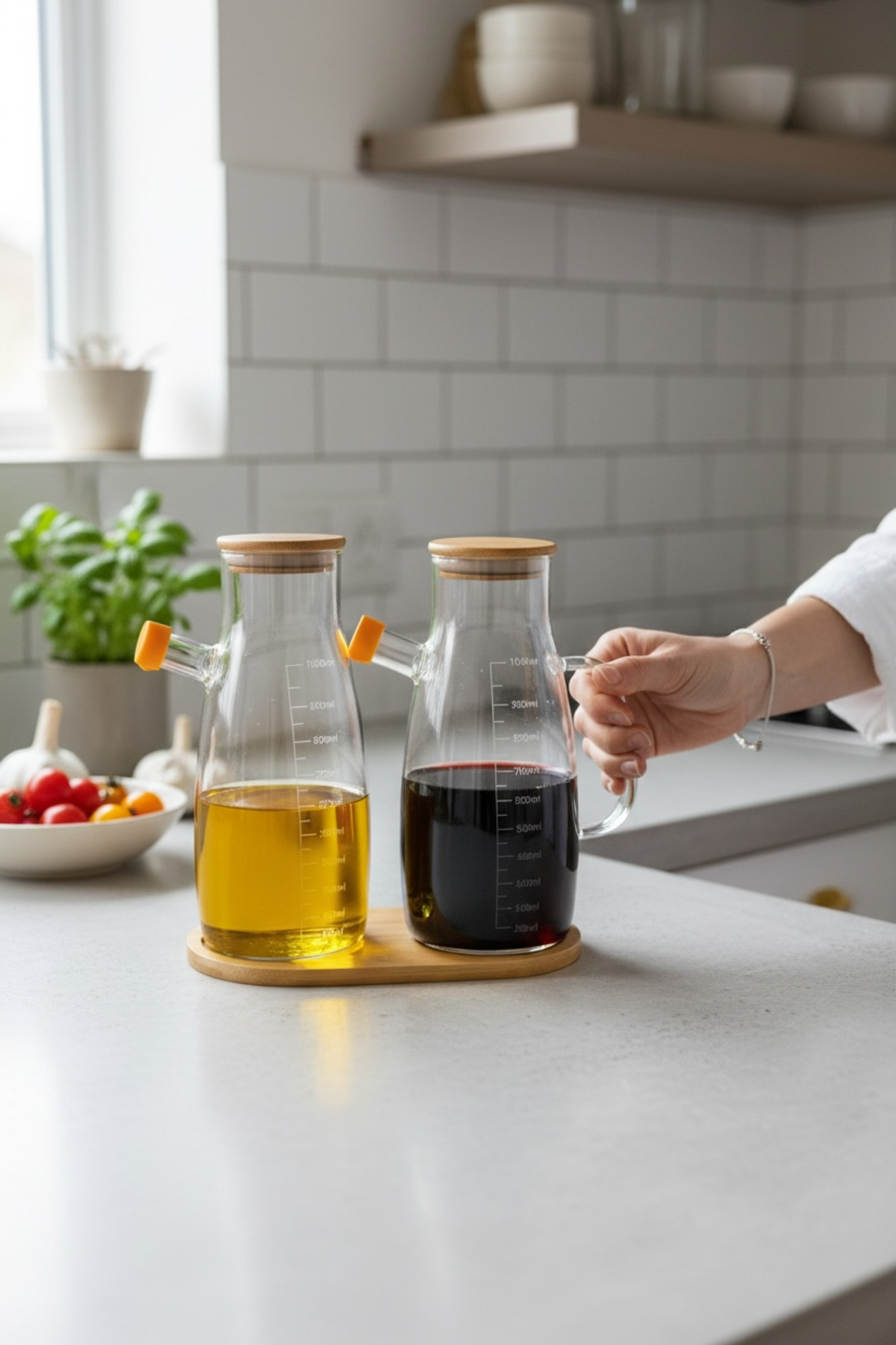 2’li 1000ml Borosilikat Cam Yağdanlık Set Sızdırmaz Kapak Zeytinyağı ve Sirke Şişesi