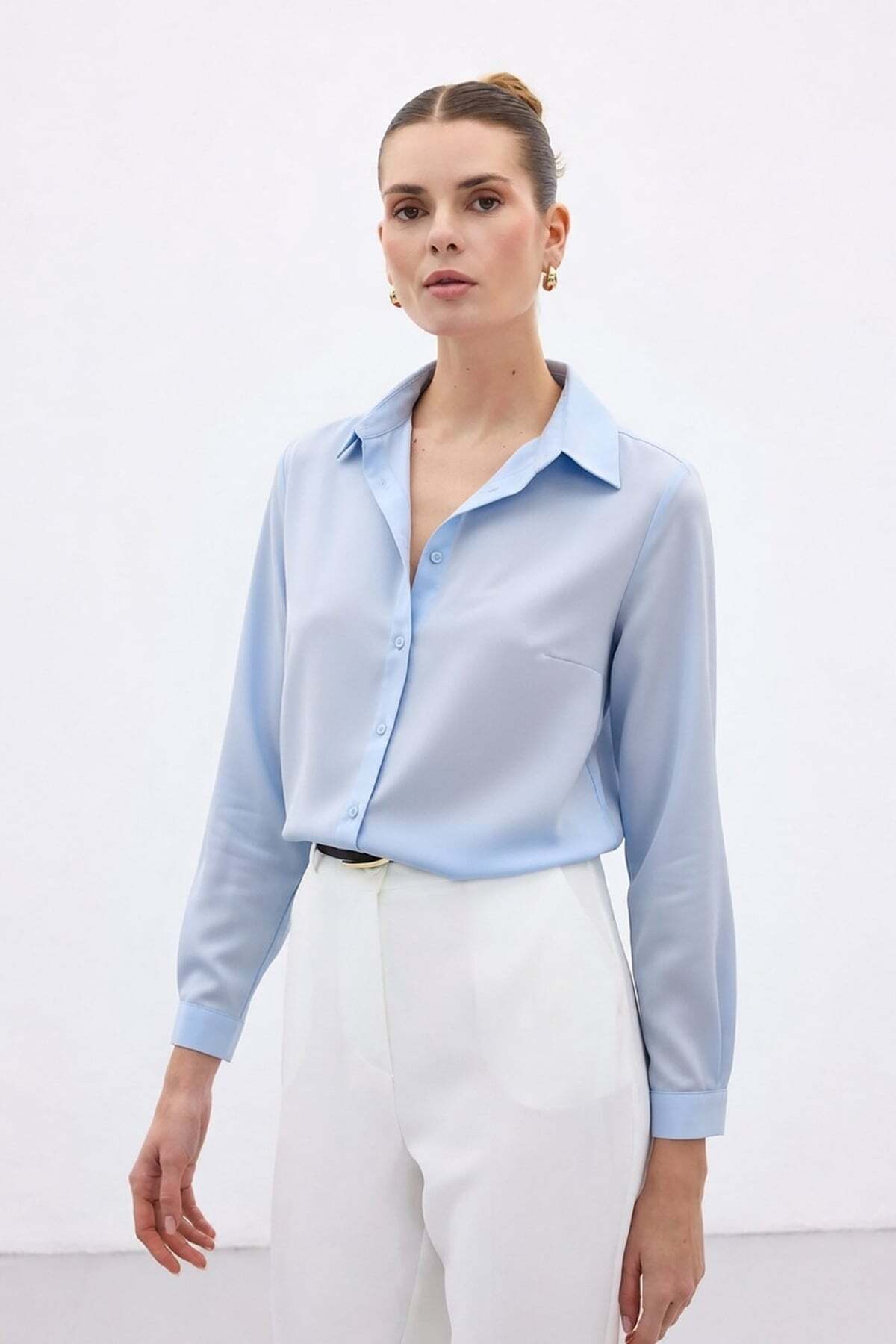 Sateen  Düz Klasik Gömlek - Mavi - Görsel 5