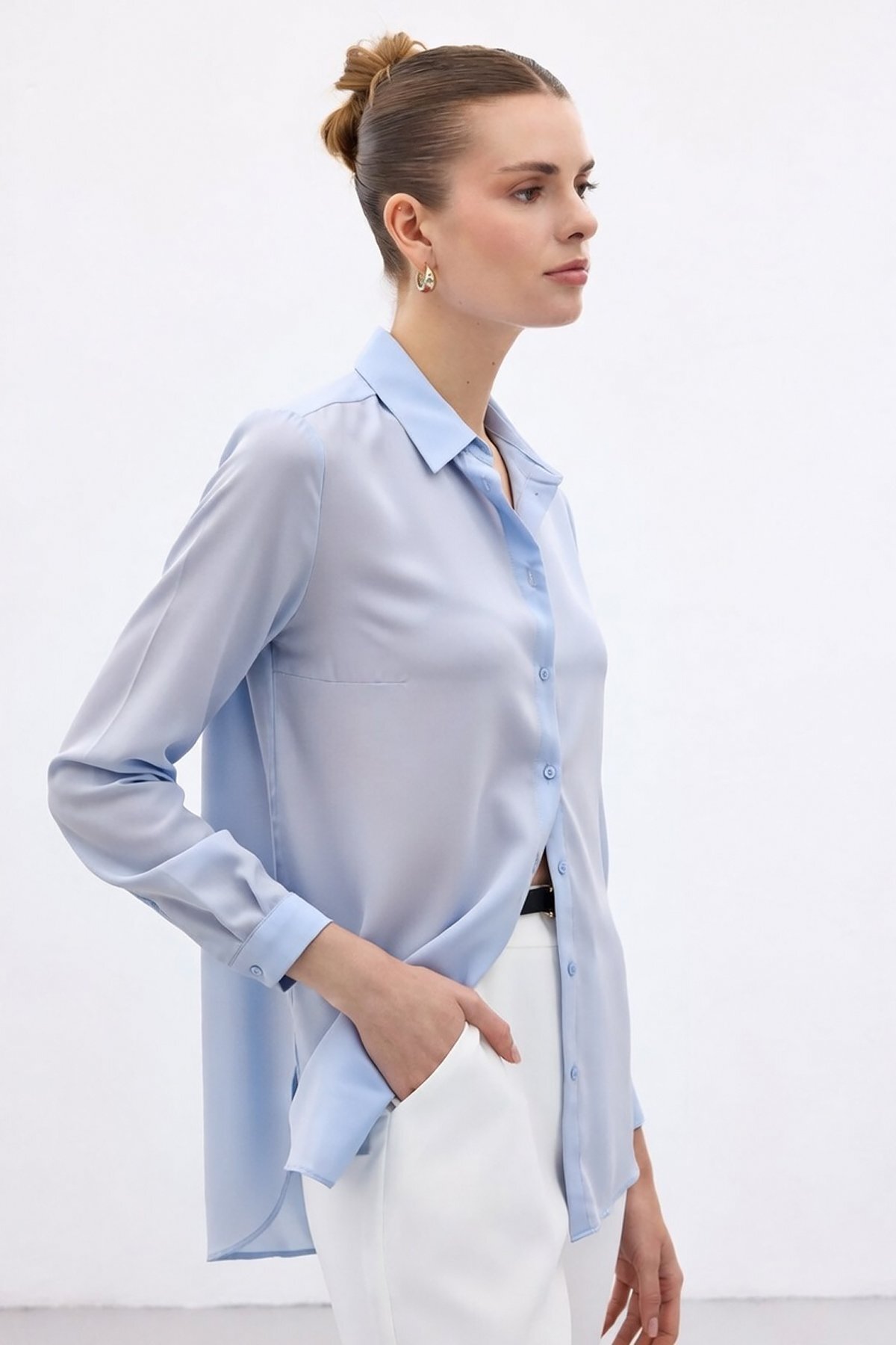 Sateen  Düz Klasik Gömlek - Mavi - Görsel 4