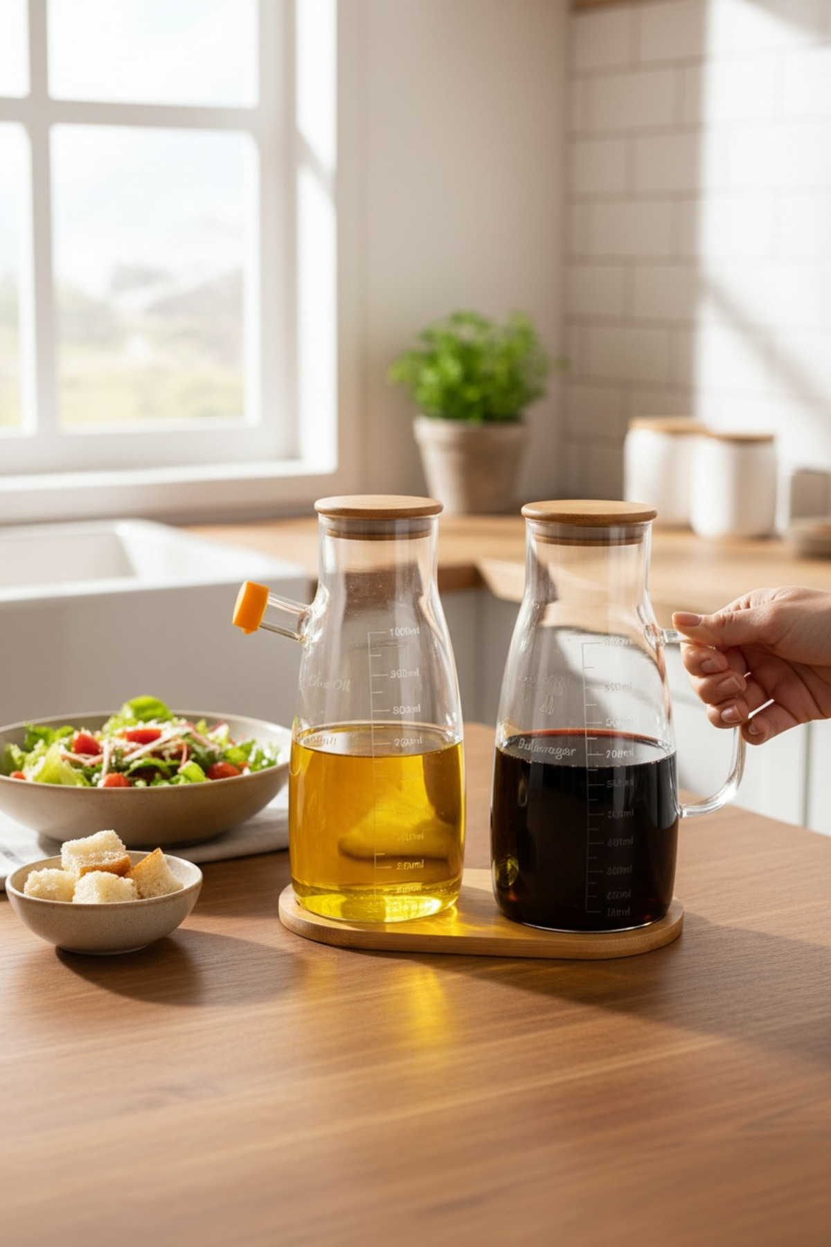 2’li 1000ml Borosilikat Cam Yağdanlık Set Sızdırmaz Kapak Zeytinyağı ve Sirke Şişesi