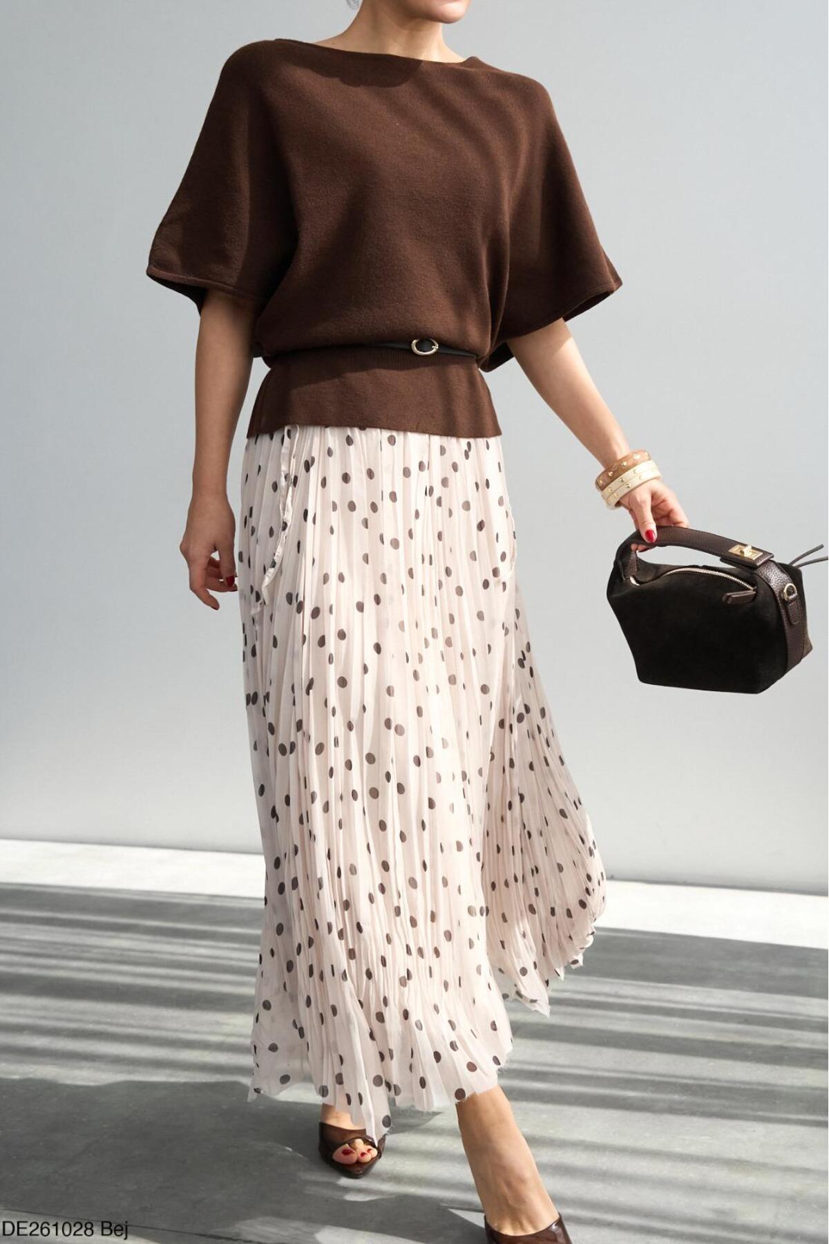 CADDELAMODA  Asimetrik Kesim Astarlı Puantiyeli Şifon Etek