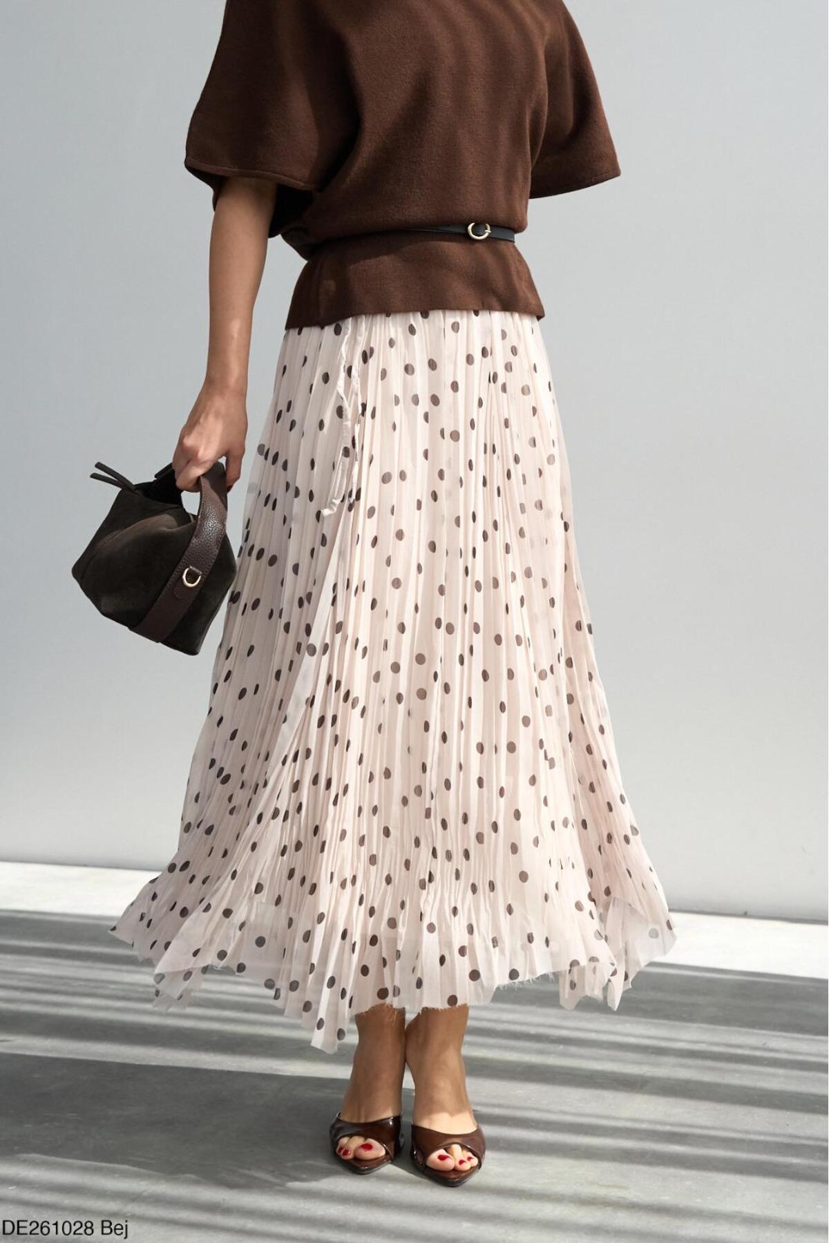 CADDELAMODA  Asimetrik Kesim Astarlı Puantiyeli Şifon Etek - Görsel 2