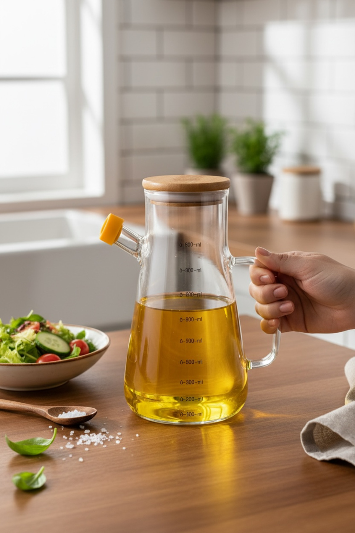 900 ml Borosilikat Cam Yağdanlık – Sızdırmaz Kapaklı Zeytinyağı Şişesi,