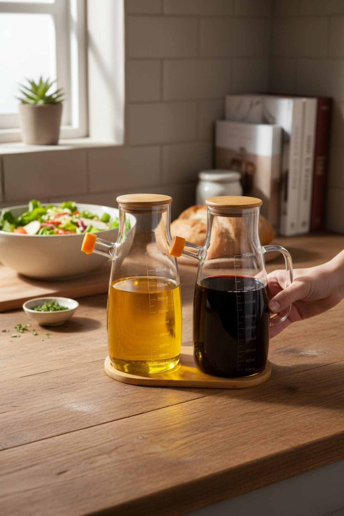 2’li 1000ml Borosilikat Cam Yağdanlık Set Sızdırmaz Kapak Zeytinyağı ve Sirke Şişesi