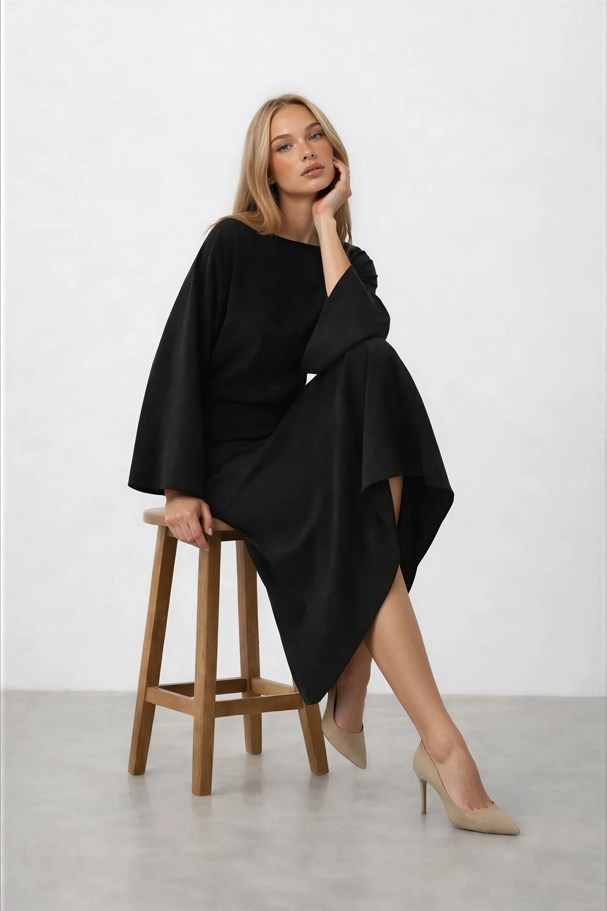 VAGGON  Salaş Kesim Yarasa Kol Uzun Elbise - Görsel 5