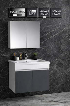 Multi Series 65 cm Beyaz Füme Banyo Dolabı Takımı - Aynalı Lavabolu Banyo Dol...