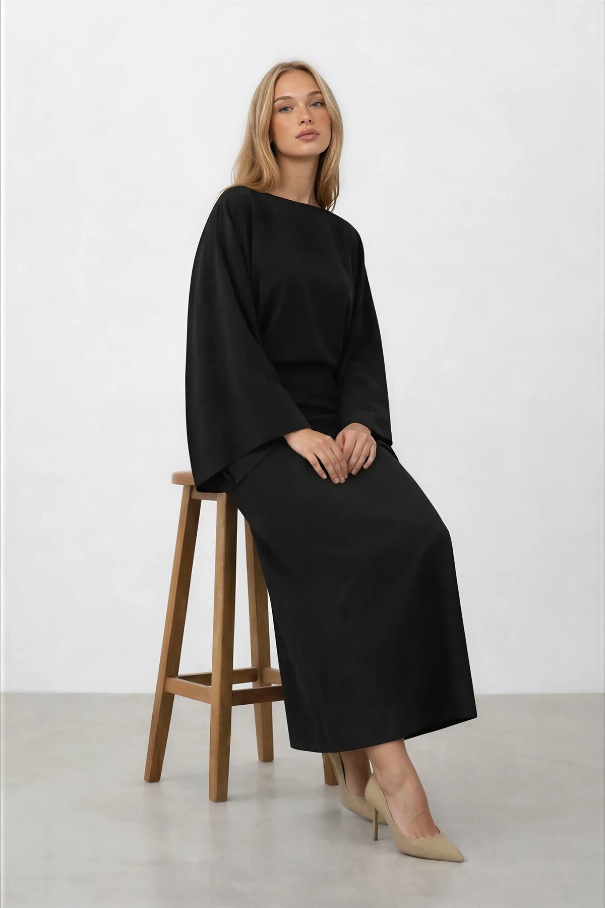 VAGGON  Salaş Kesim Yarasa Kol Uzun Elbise - Görsel 4