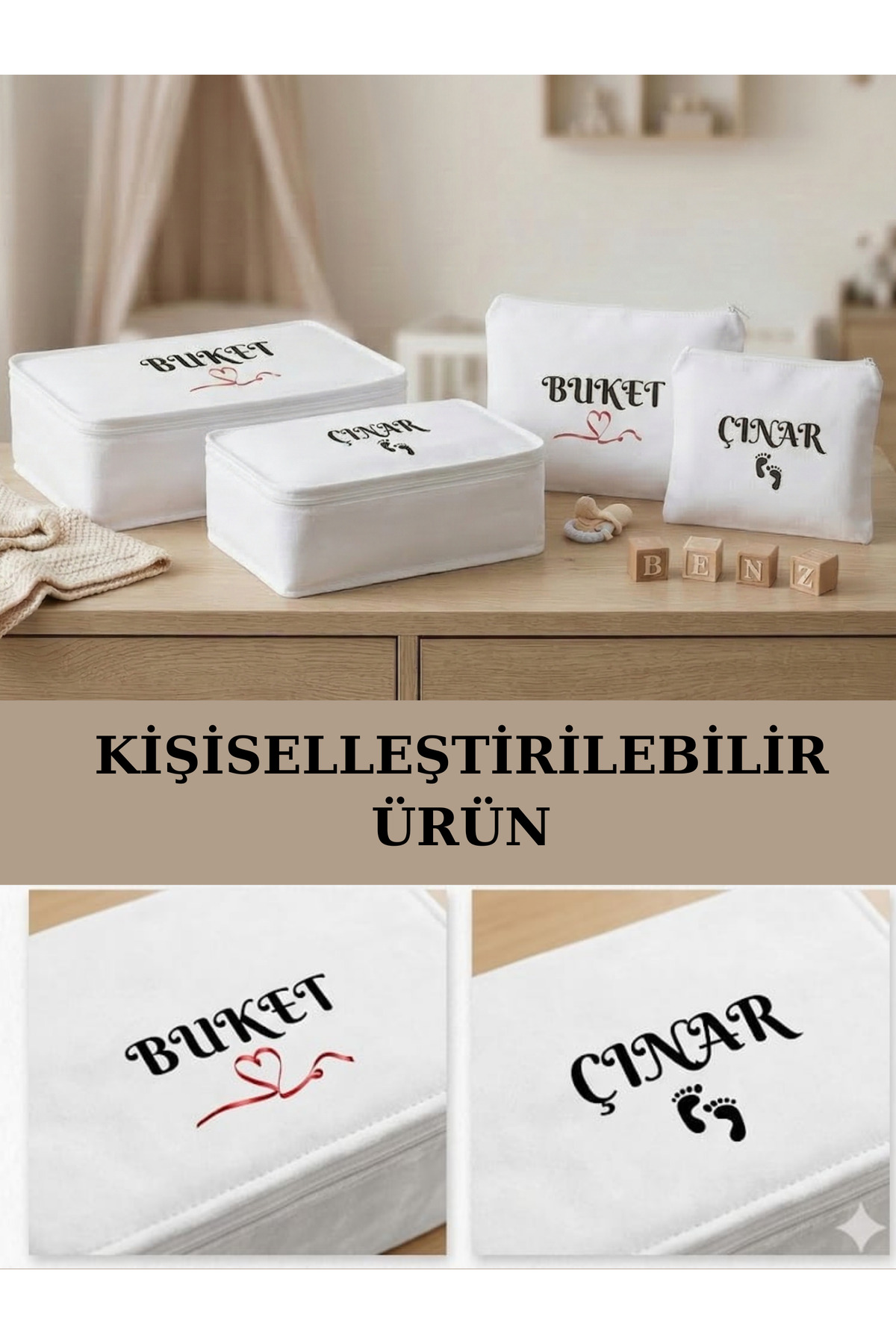 EGGBABY İsme Özel 4'lü Anne Bebek Bakım Çantası Hastane Çıkış Doğum Çantası Organizer Düzenleyici fotoğrafı 3 (önizleme)