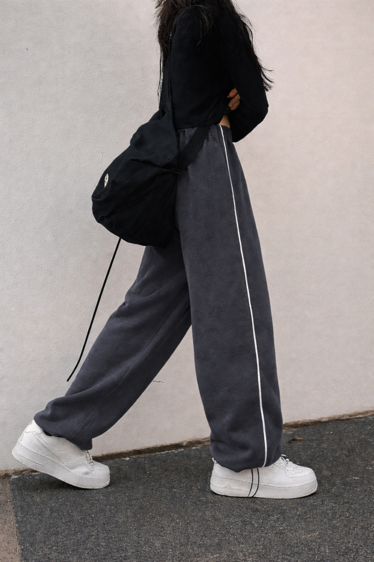 De Carte Harajuku Streetwear Side Strip Kadın Bol Ayarlanabilir Boru Paça Eşofman Altı görsel 4