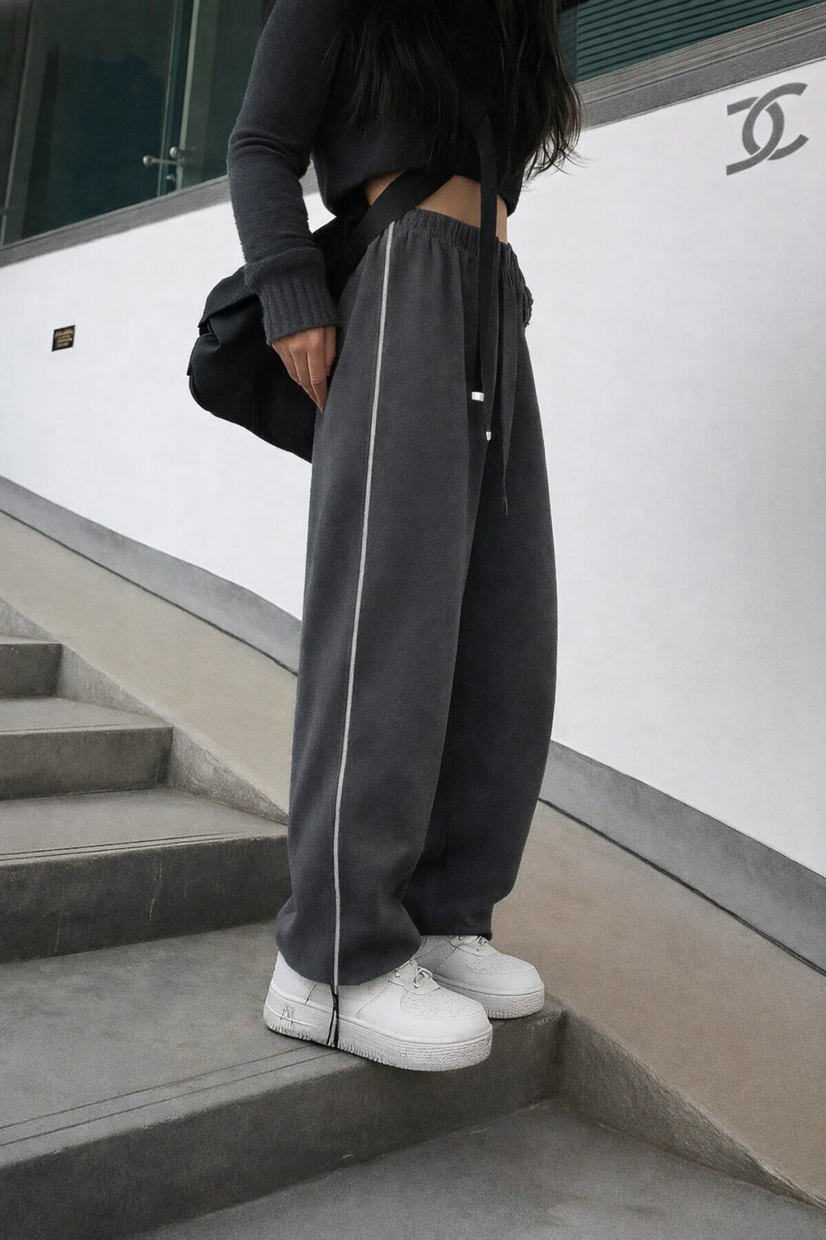 De Carte Harajuku Streetwear Side Strip Kadın Bol Ayarlanabilir Boru Paça Eşofman Altı görsel 2