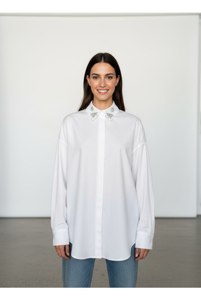 vellum butik YAKA TAŞ DETAYLI POPLİN GÖMLEK