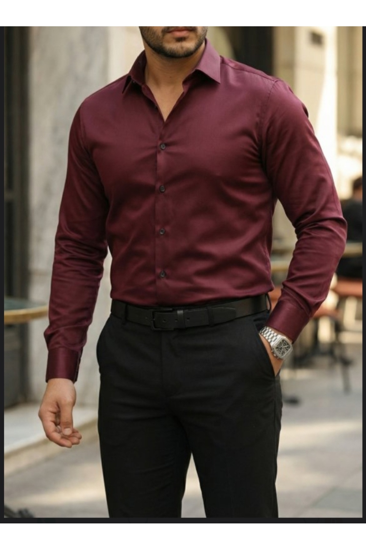 Slim Fit Uzun Kollu Kolay Ütü Teri Emen Nefes Alan Doku Kravatlık Dört Mevsim bordo Erkek Gömlek — زرشکی arnnumı