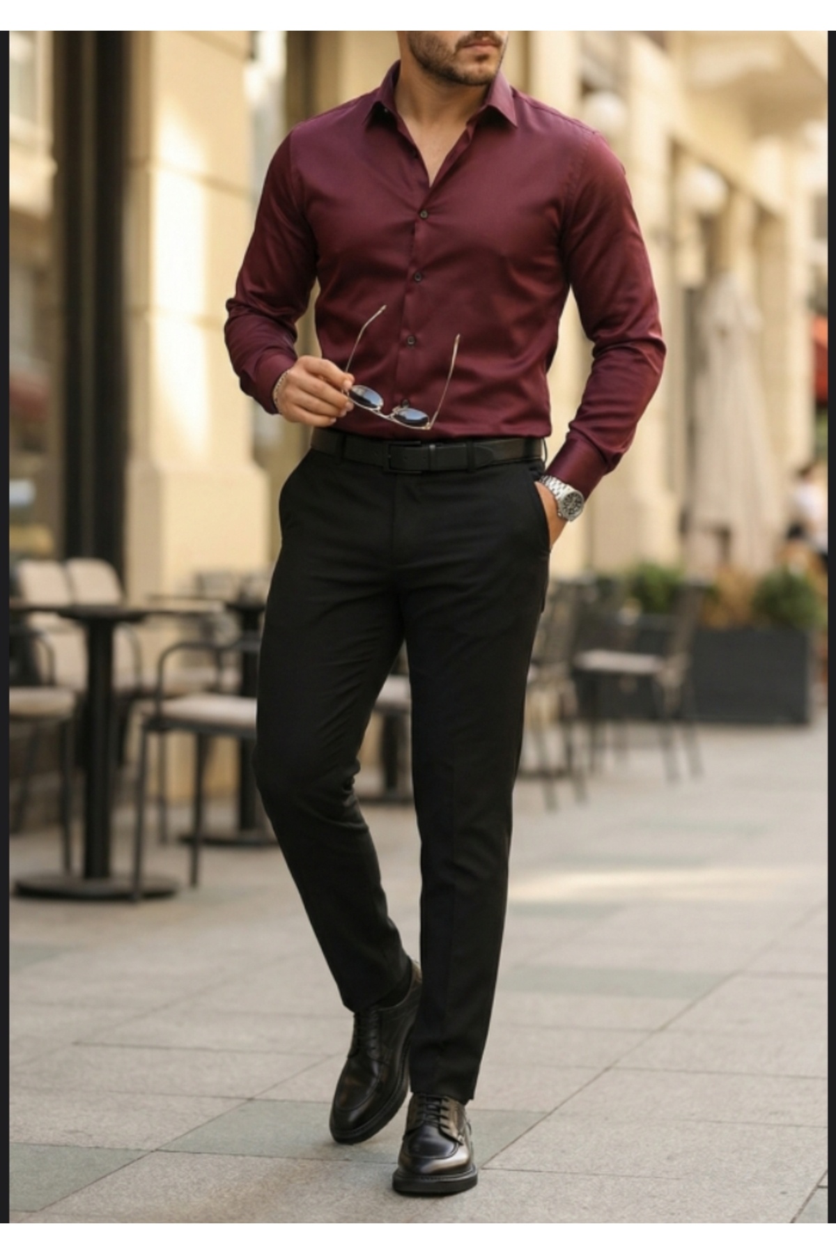 Slim Fit Uzun Kollu Kolay Ütü Teri Emen Nefes Alan Doku Kravatlık Dört Mevsim bordo Erkek Gömlek — زرشکی arnnumı — تصویر 3 از 4