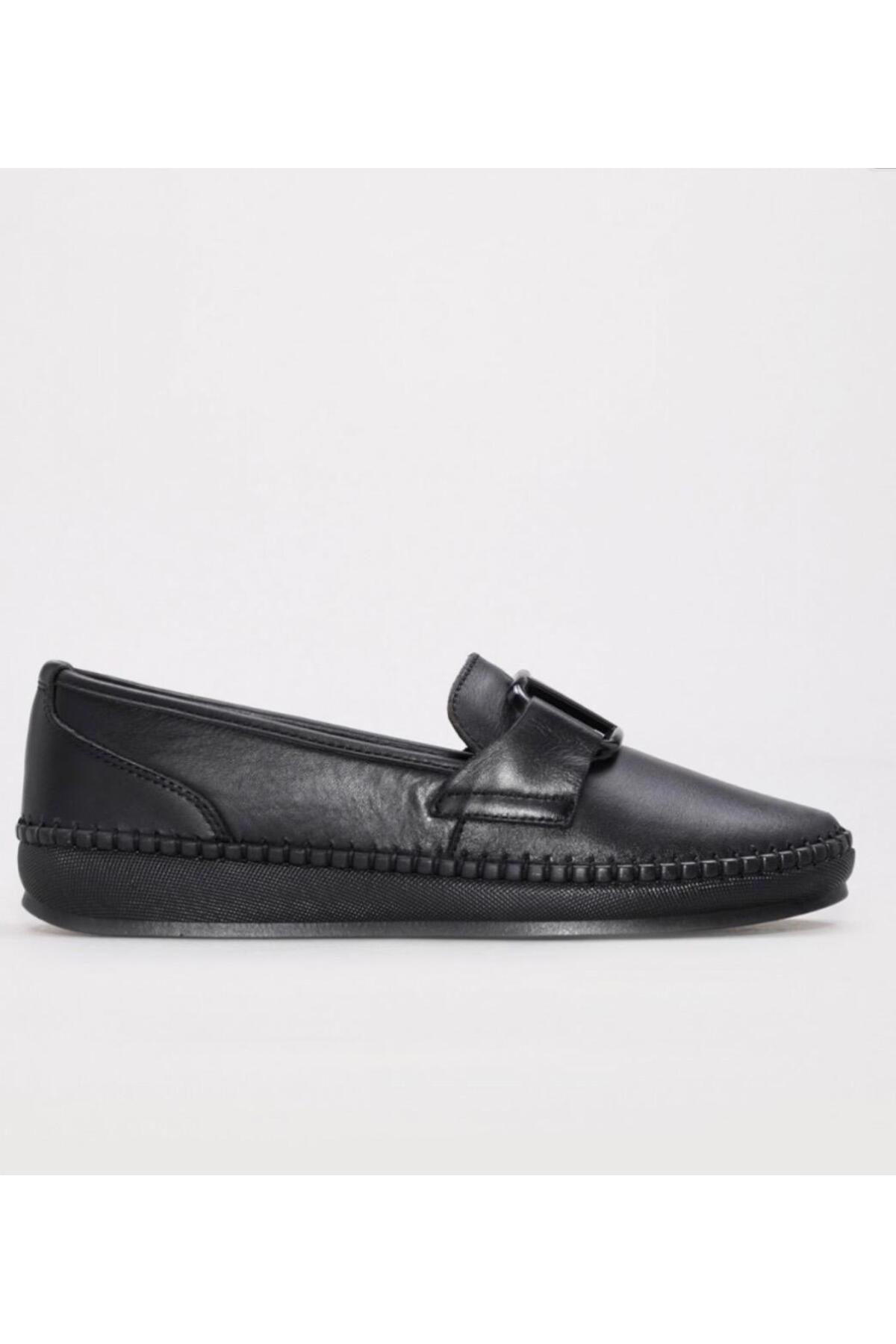 THE FRİDA SHOES Siyah Günlük İçi Dışı Hakiki Deri Ortopedik Poli Taban Tokalı Kadın Ayakkabı Frd2044 görsel 3