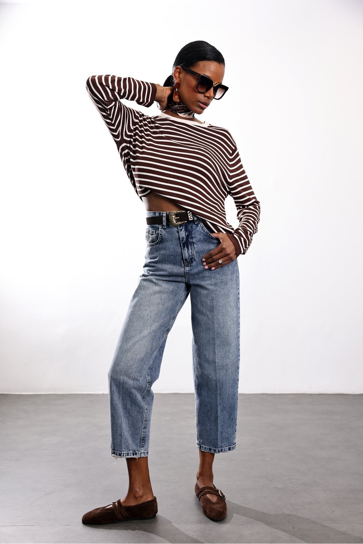 5in1Canpolat  Kahverengi Çizgili Merserize Kazak 261029 - Görsel 3