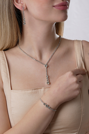 Renkada Gümüş Kaplama TekTaş Eleni Taşlı 3’lü Kolye,Küpe ve Bileklik Seti,Gün...