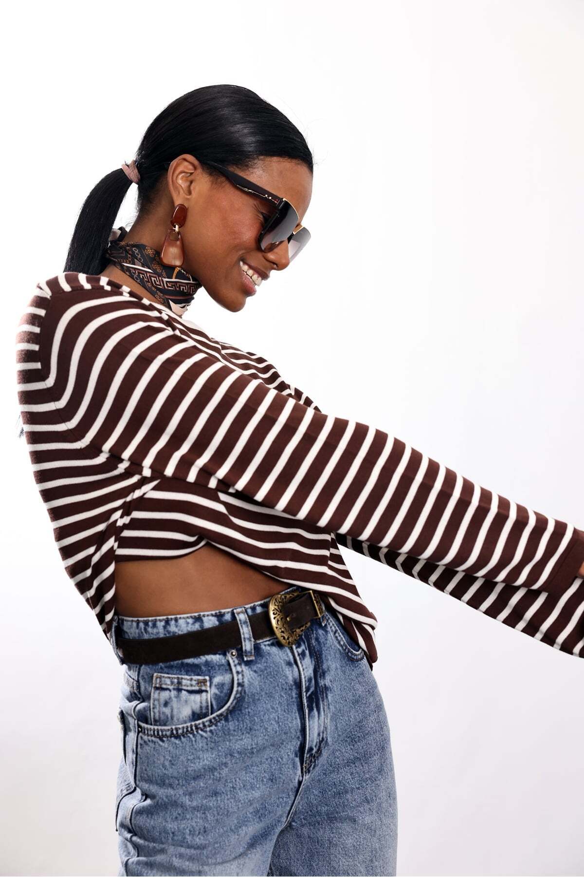 5in1Canpolat  Kahverengi Çizgili Merserize Kazak 261029 - Görsel 4