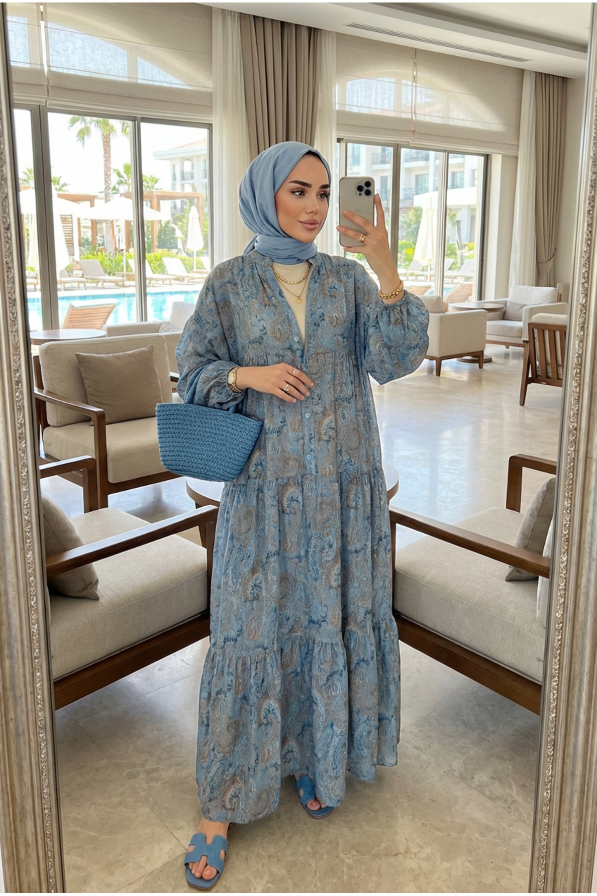 Kirazca Butik  Kadın Desenli Kat Kat Tesettür Elbise (ASTARSIZDIR) - Görsel 7