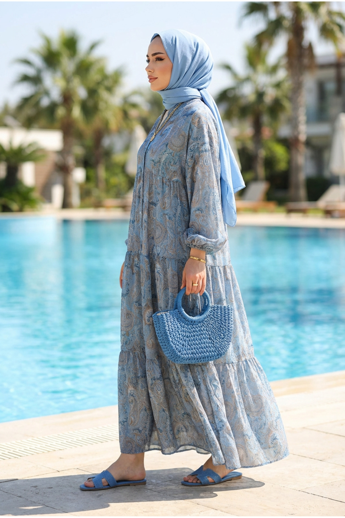 Kirazca Butik  Kadın Desenli Kat Kat Tesettür Elbise (ASTARSIZDIR)