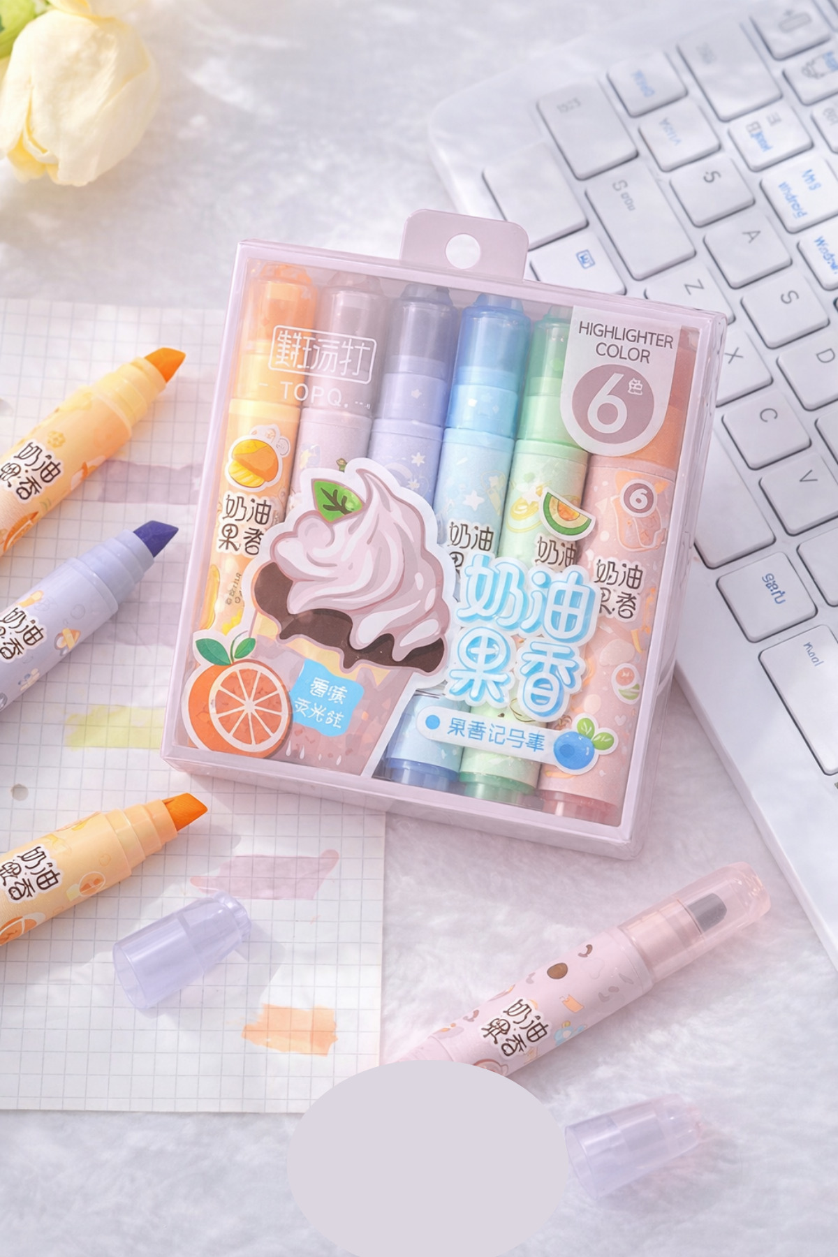 Fruity Ice Cream Scented Phosphor Pen Set of 6 – Pastel Highlight Note-taking Pen
