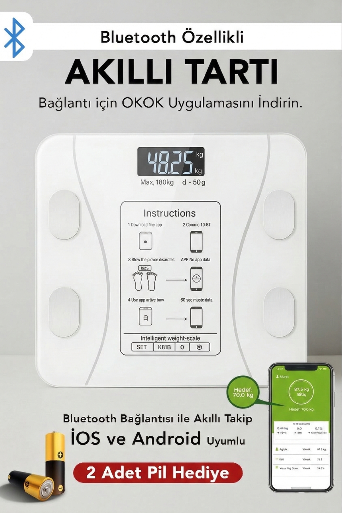 Meleni Home Dijital Bluetooth Baskül - Yağ Su Kas Vücut Kitle Endeksi Kilo Ölçer Tartı Vücut Analiz Cihazı Beyaz - Fiyatı, Yorumları