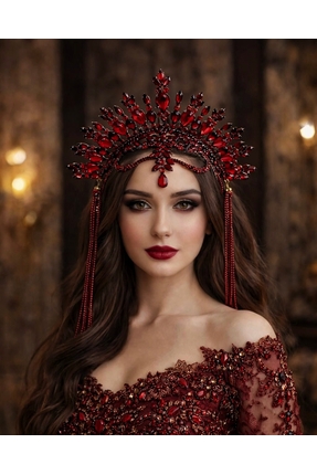 Milena Collection Kırmızı Taşlı Alınlıklı Taç- Kına, Nişan ve Özel Gün Püskül...