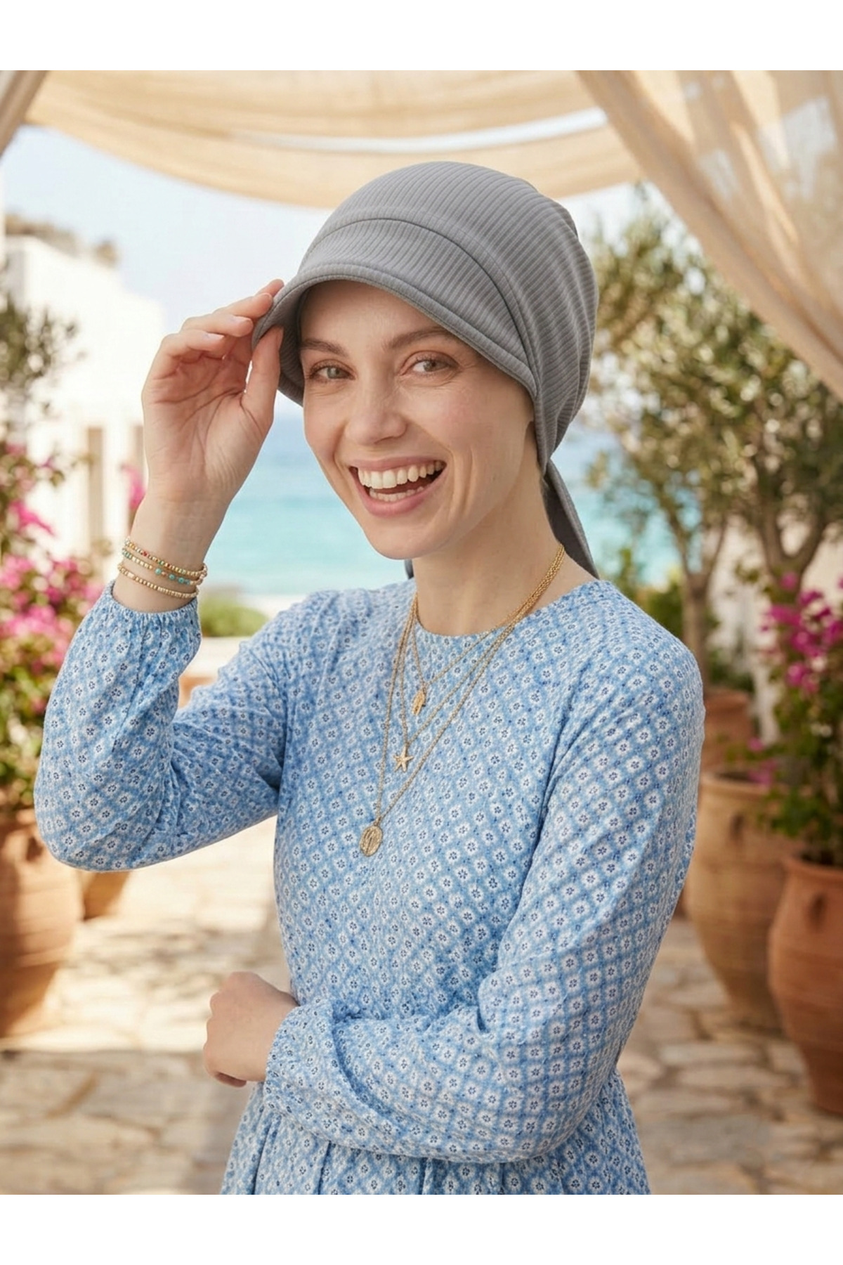 elysianfidan Medikal Uygun Koyu Gri Pamuklu Penye Siperlikli Pliseli Arkadan Bağlamalı Şapka Bone görsel 8