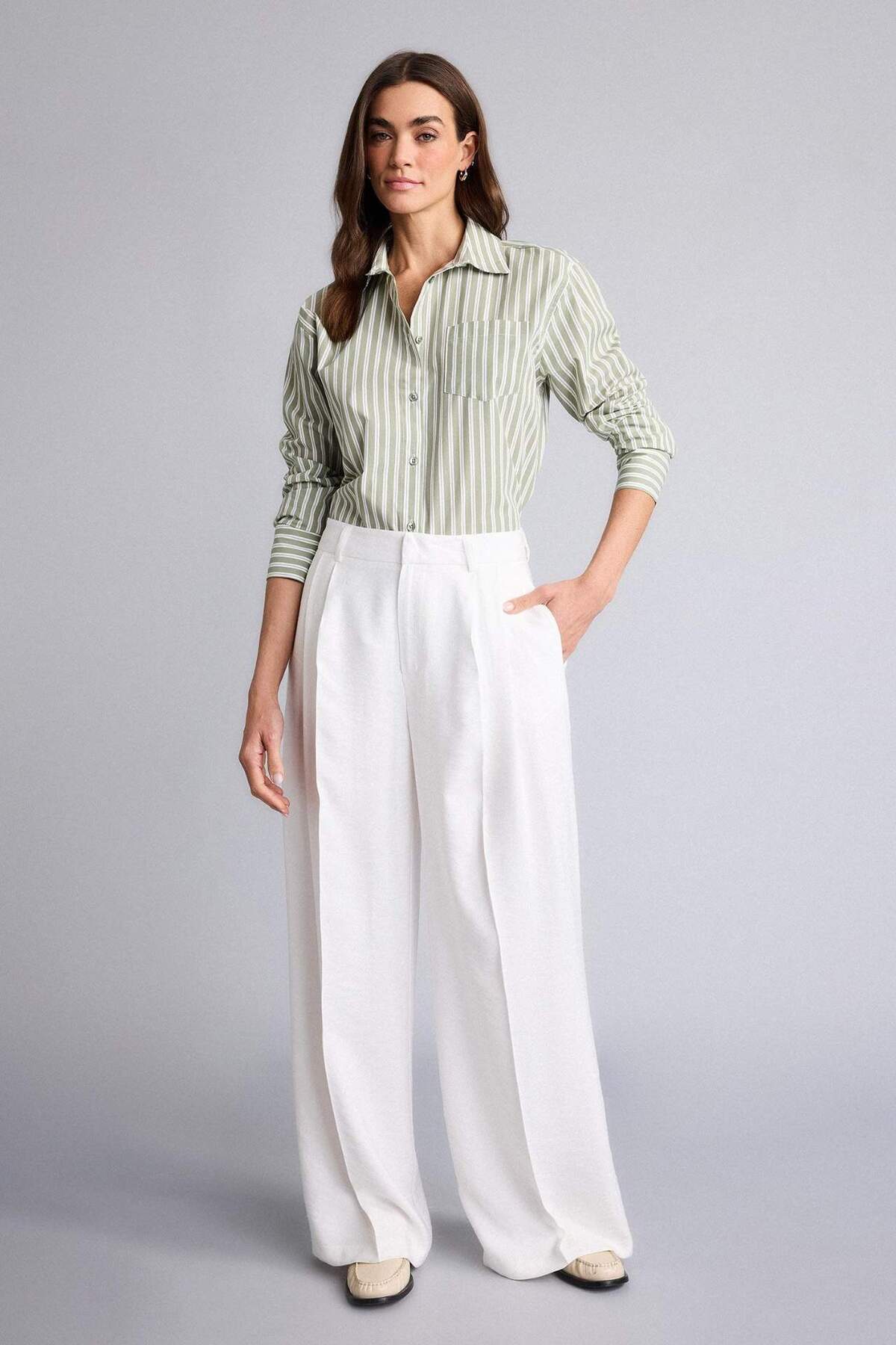 Defacto  Oversıze Gömlek Yaka Çizgili Poplin Uzun Kollu Gömlek H1476AX26SP - Görsel 2