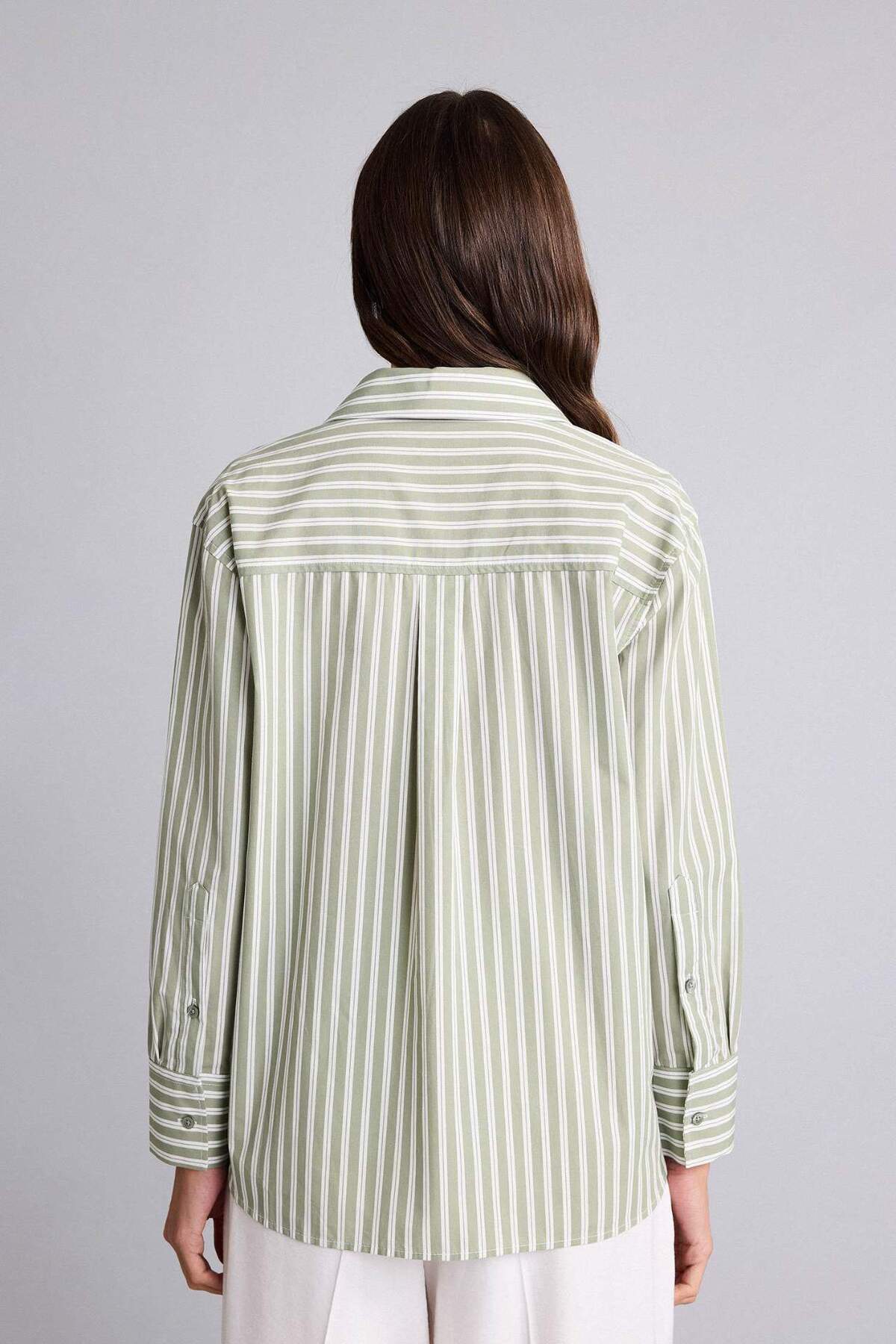 Defacto  Oversıze Gömlek Yaka Çizgili Poplin Uzun Kollu Gömlek H1476AX26SP - Görsel 5
