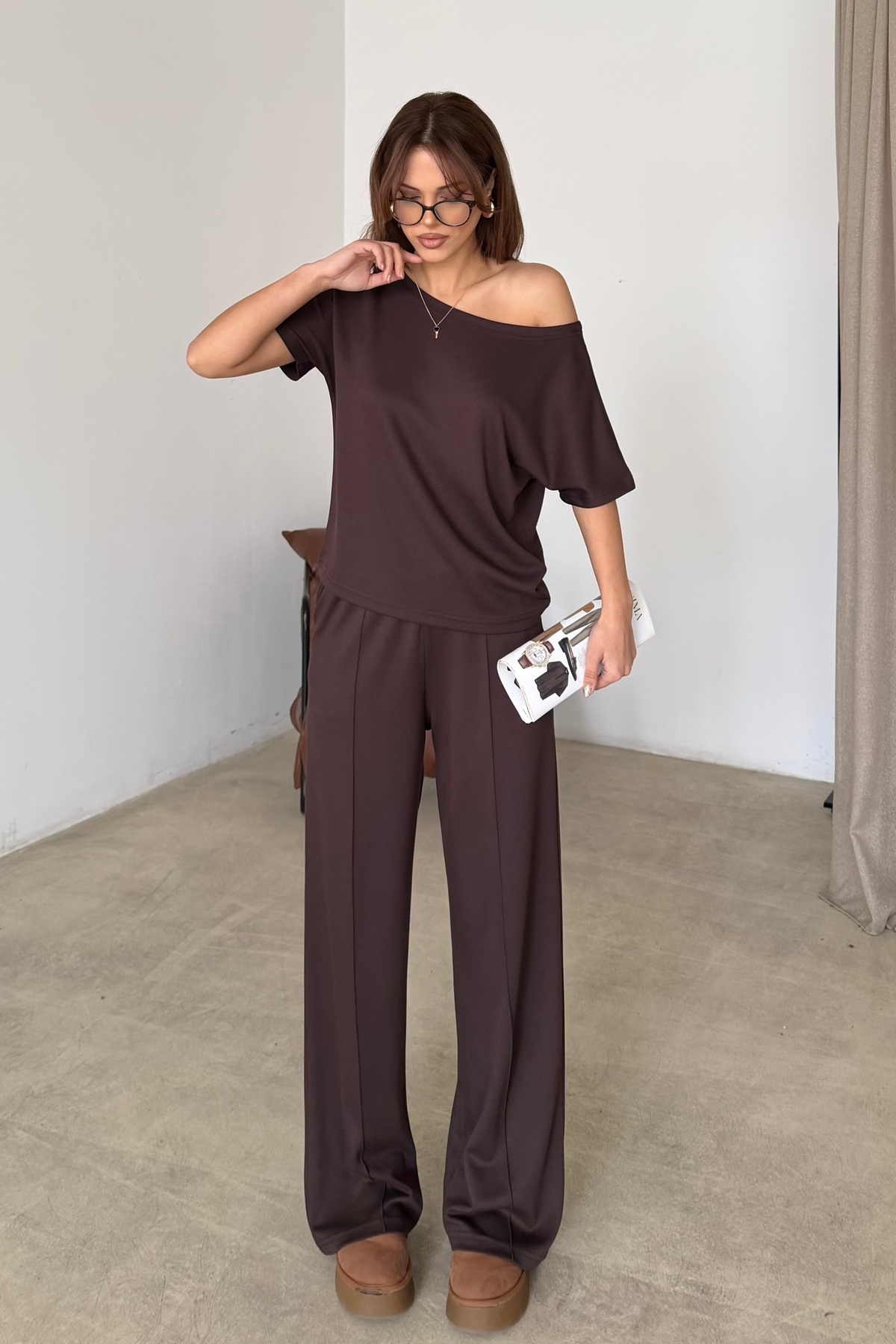Women's Soft Modal Textured Low Shoulder Bottom Top Set